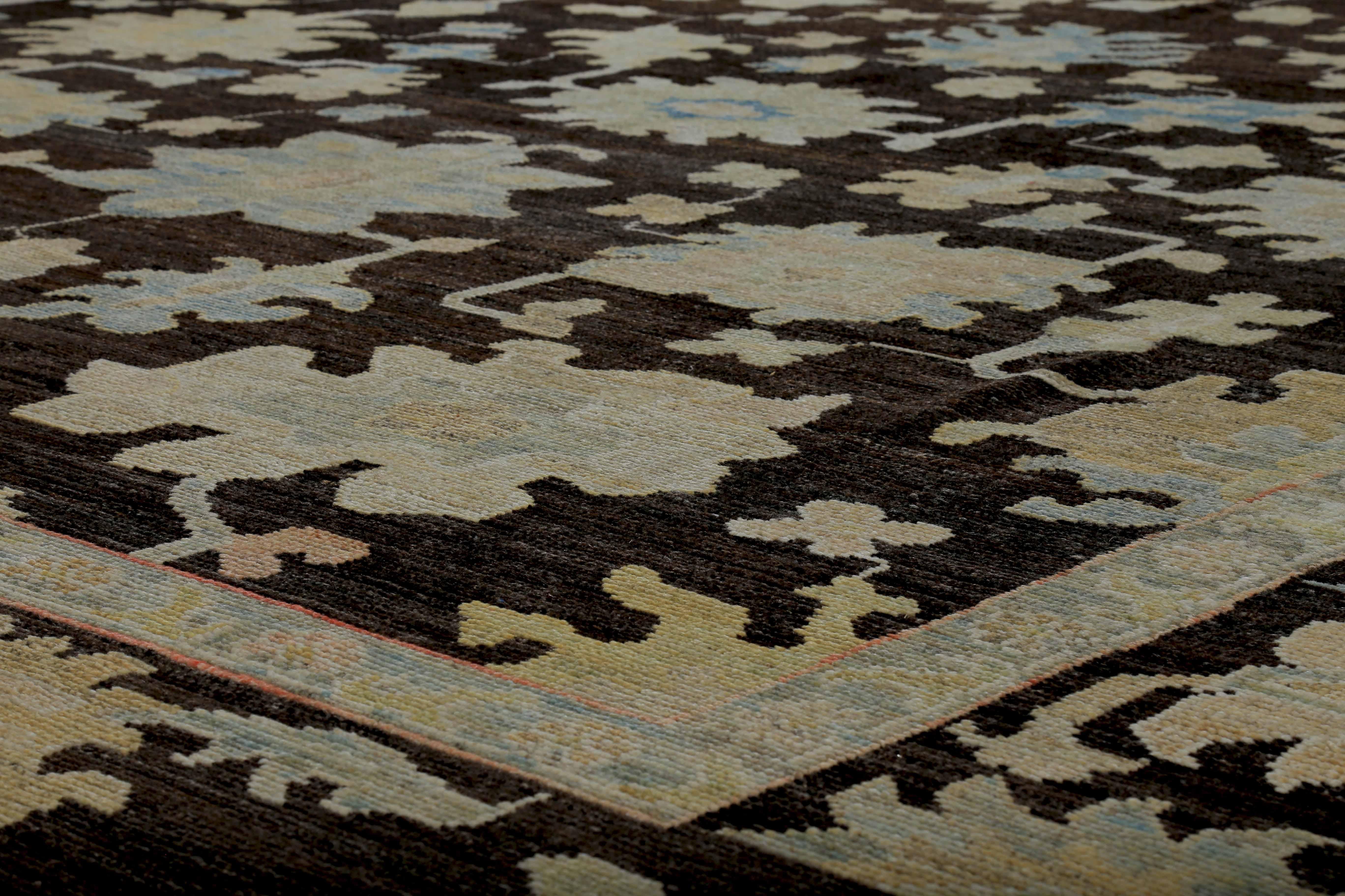Hand-Woven Turkish Oushak Rug with Blue and Beige Floral Details on Dark Brown Field For Sale