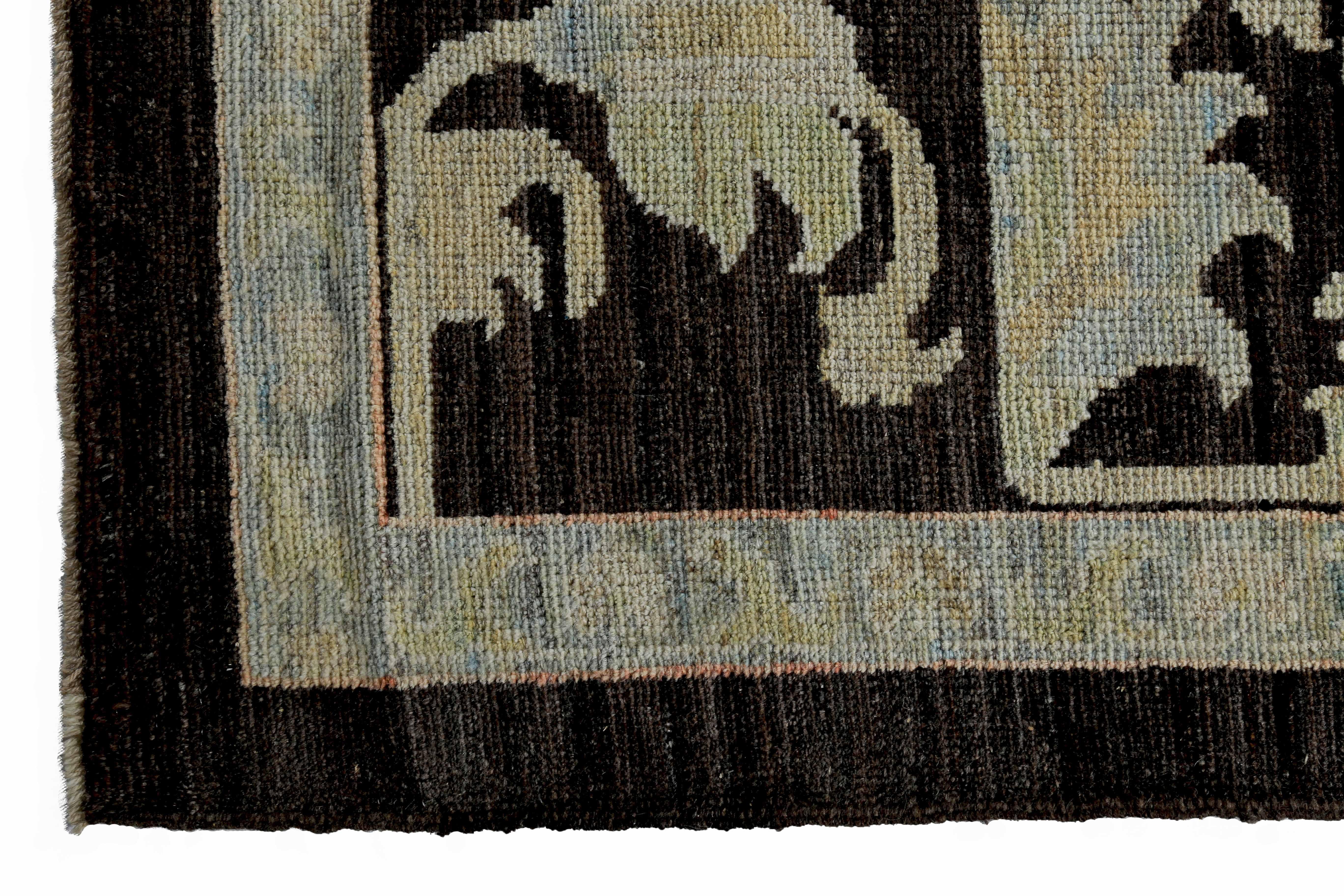 Contemporary Turkish Oushak Rug with Blue and Beige Floral Details on Dark Brown Field For Sale