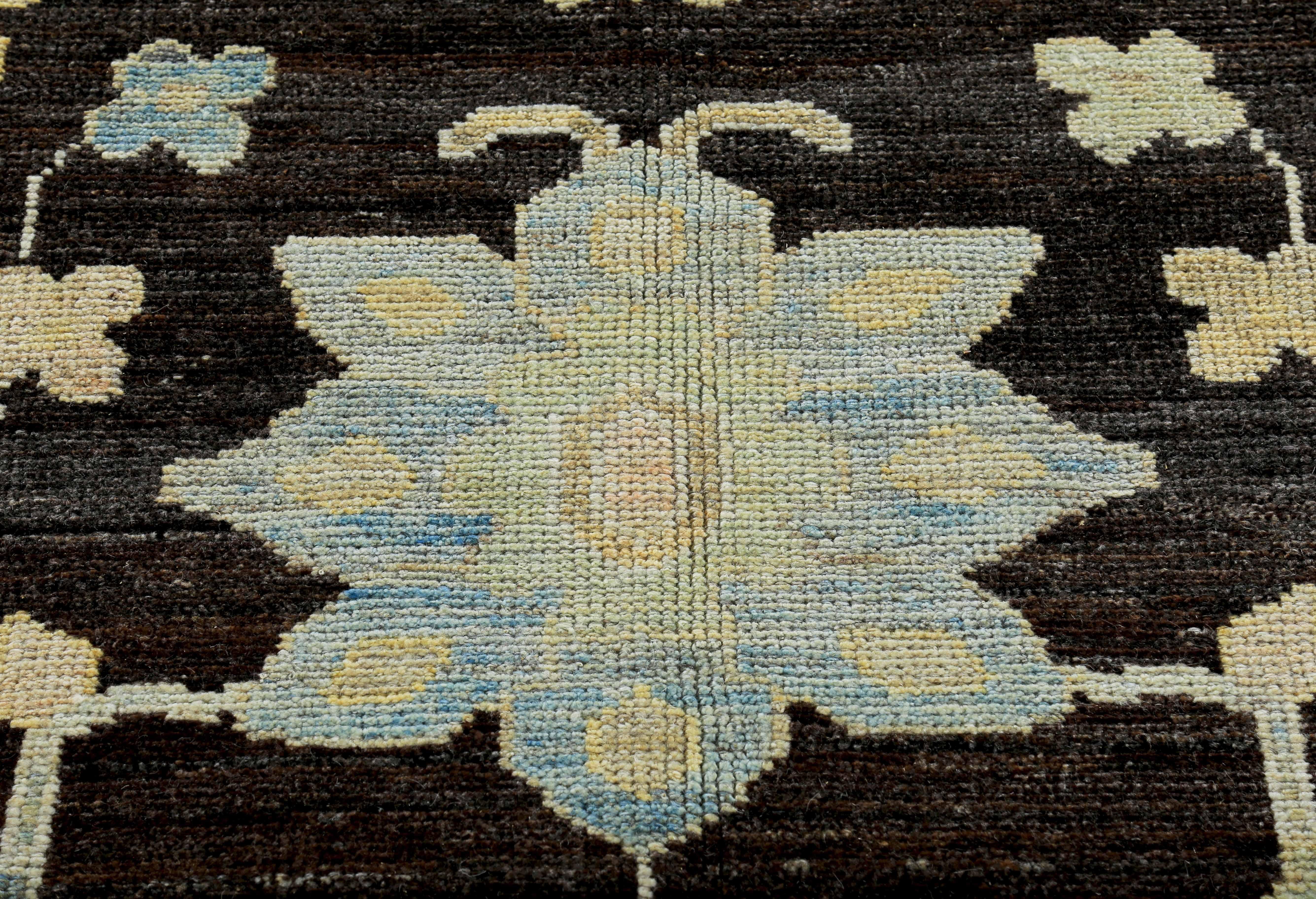 Wool Turkish Oushak Rug with Blue and Beige Floral Details on Dark Brown Field For Sale