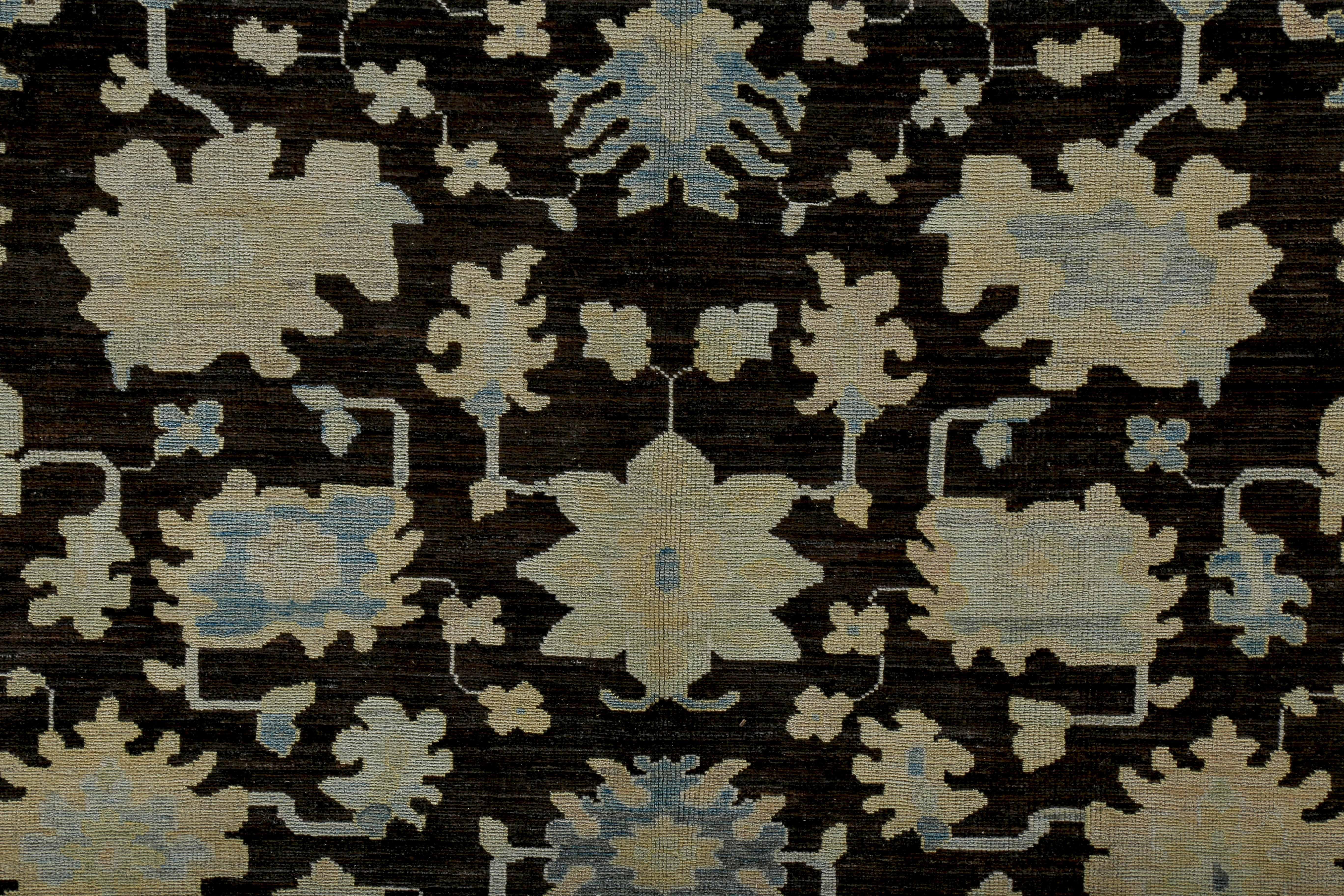 Turkish Oushak Rug with Blue and Beige Floral Details on Dark Brown Field For Sale 2