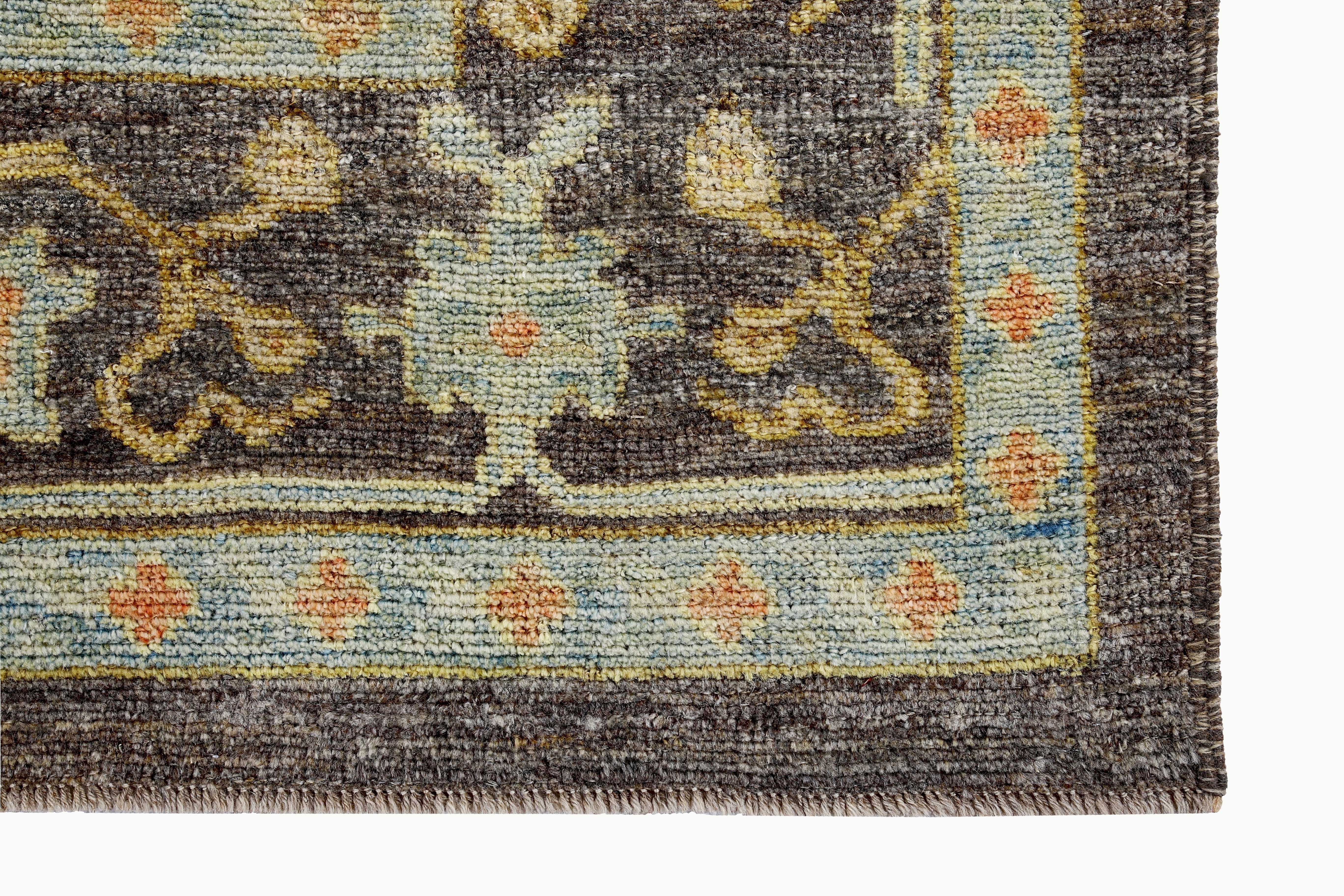 Turkish Oushak Rug with Blue and Beige Flower Patterns on Brown Field In New Condition For Sale In Dallas, TX