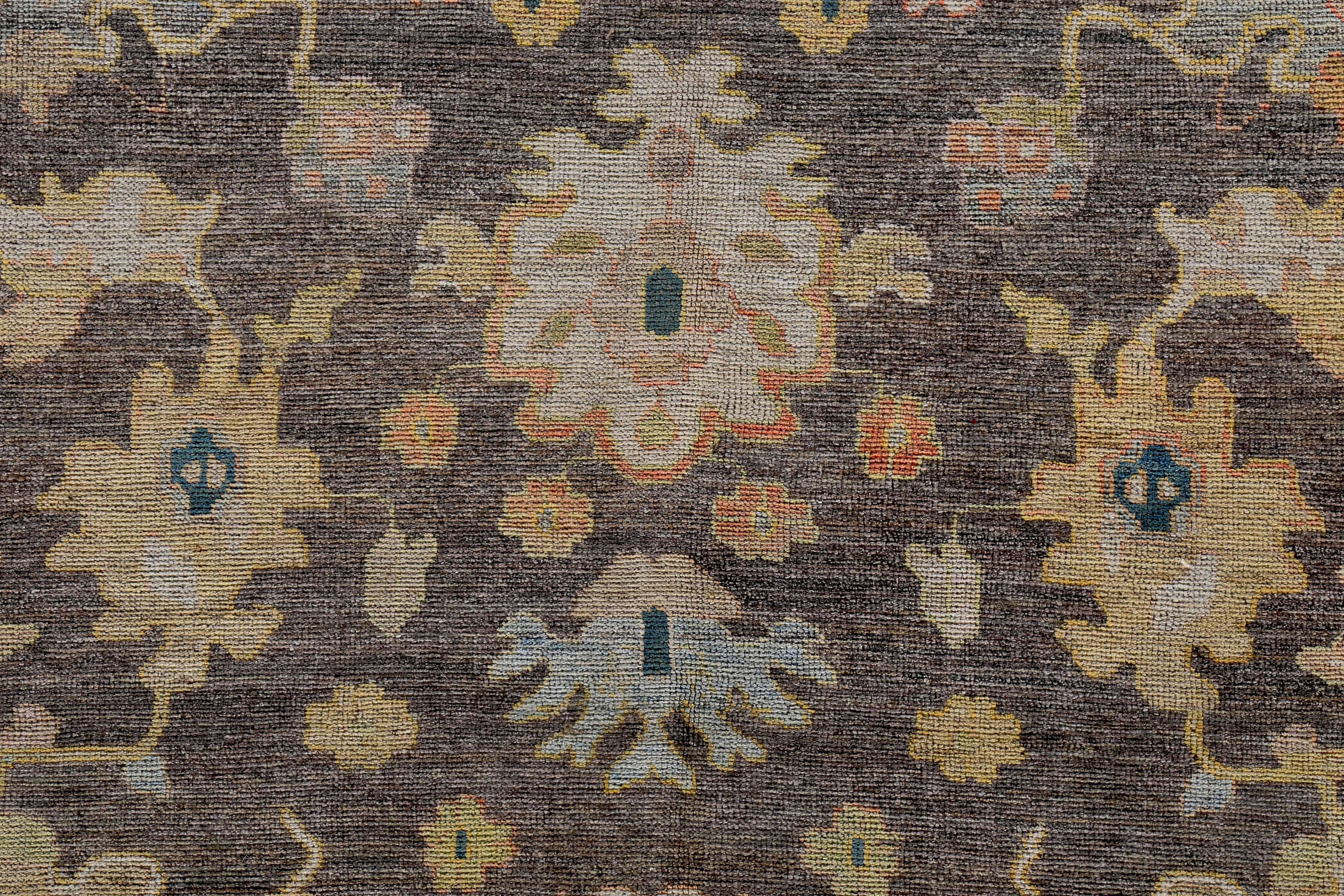 Hand-Woven Turkish Oushak Rug with Blue and Gold Floral Details on Brown and Ivory Field For Sale