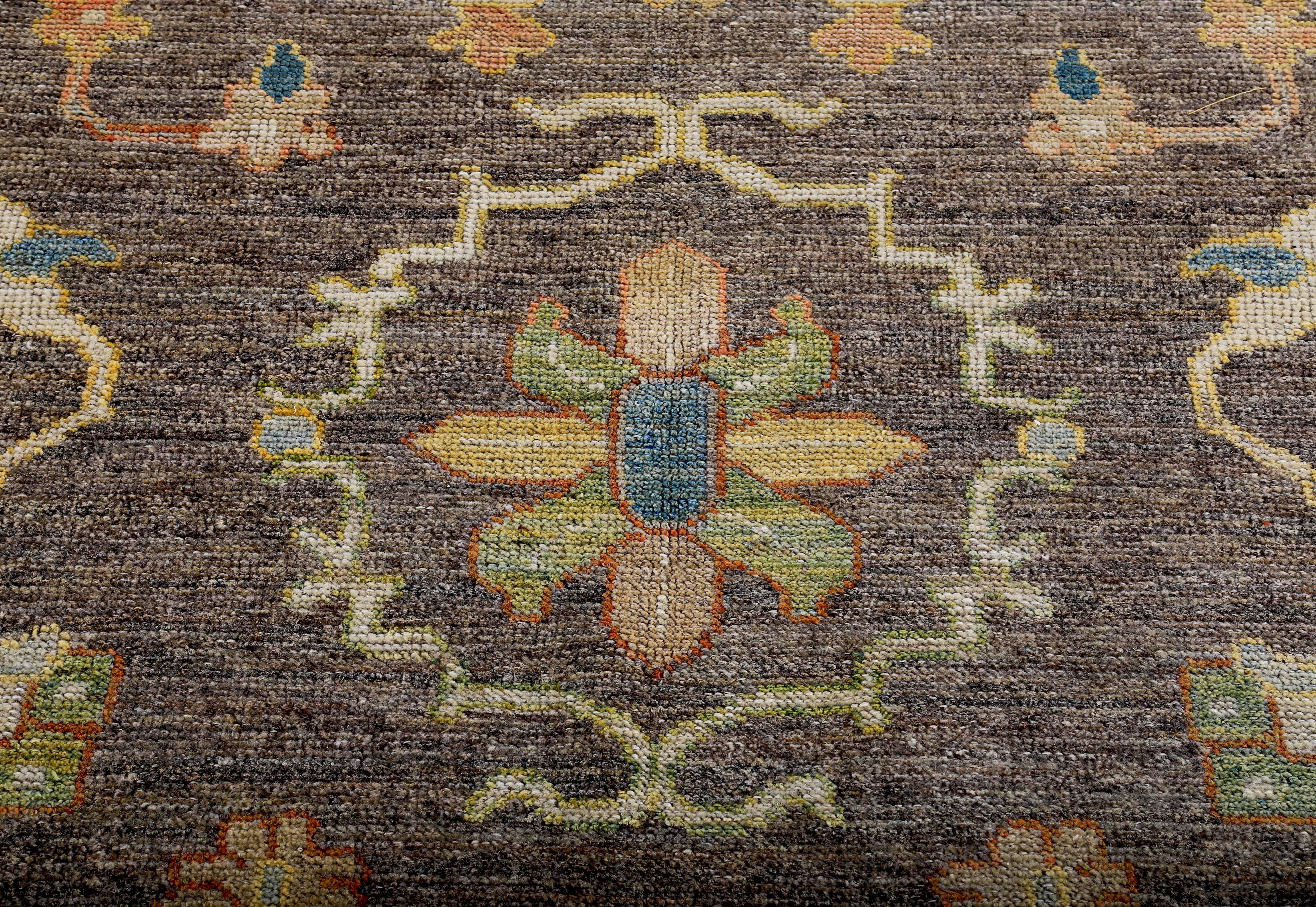 Turkish Oushak Rug with Blue and Gold Floral Details on Brown and Ivory Field In New Condition For Sale In Dallas, TX