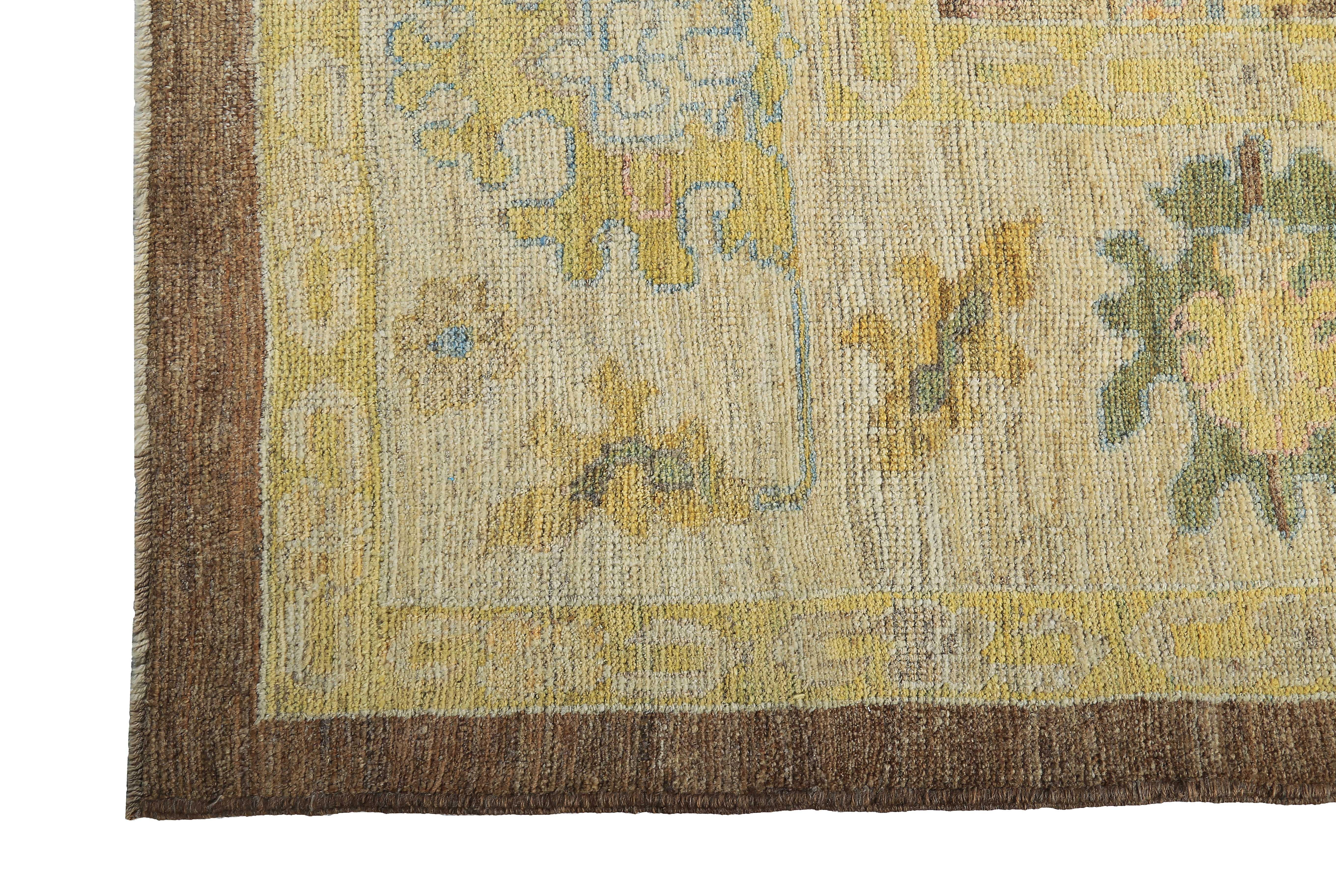 Turkish Oushak Rug with Blue and Gold Floral Details on Dark Brown Field In New Condition For Sale In Dallas, TX