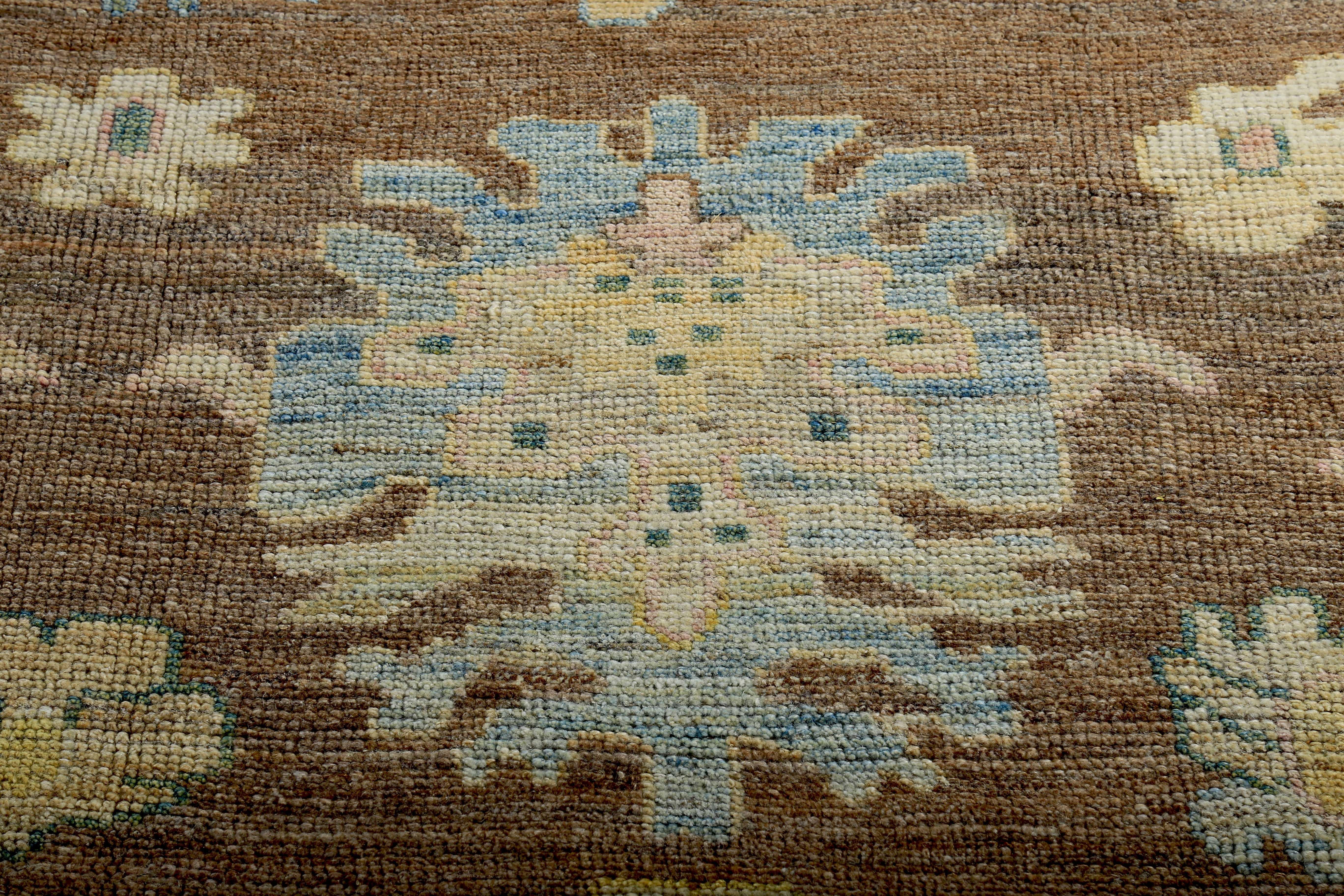 Contemporary Turkish Oushak Rug with Blue and Gold Floral Details on Dark Brown Field For Sale