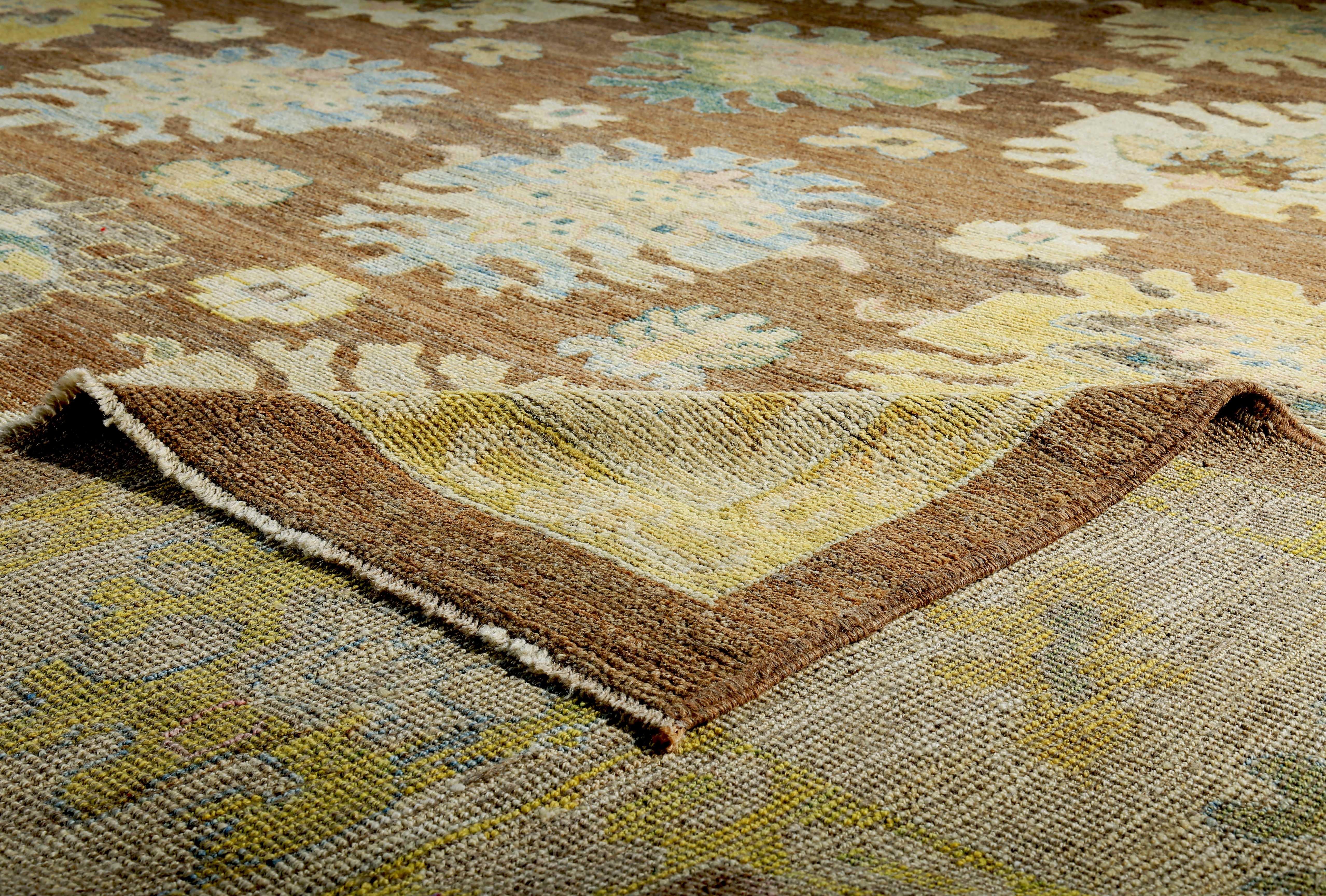 Turkish Oushak Rug with Blue and Gold Floral Details on Dark Brown Field For Sale 2