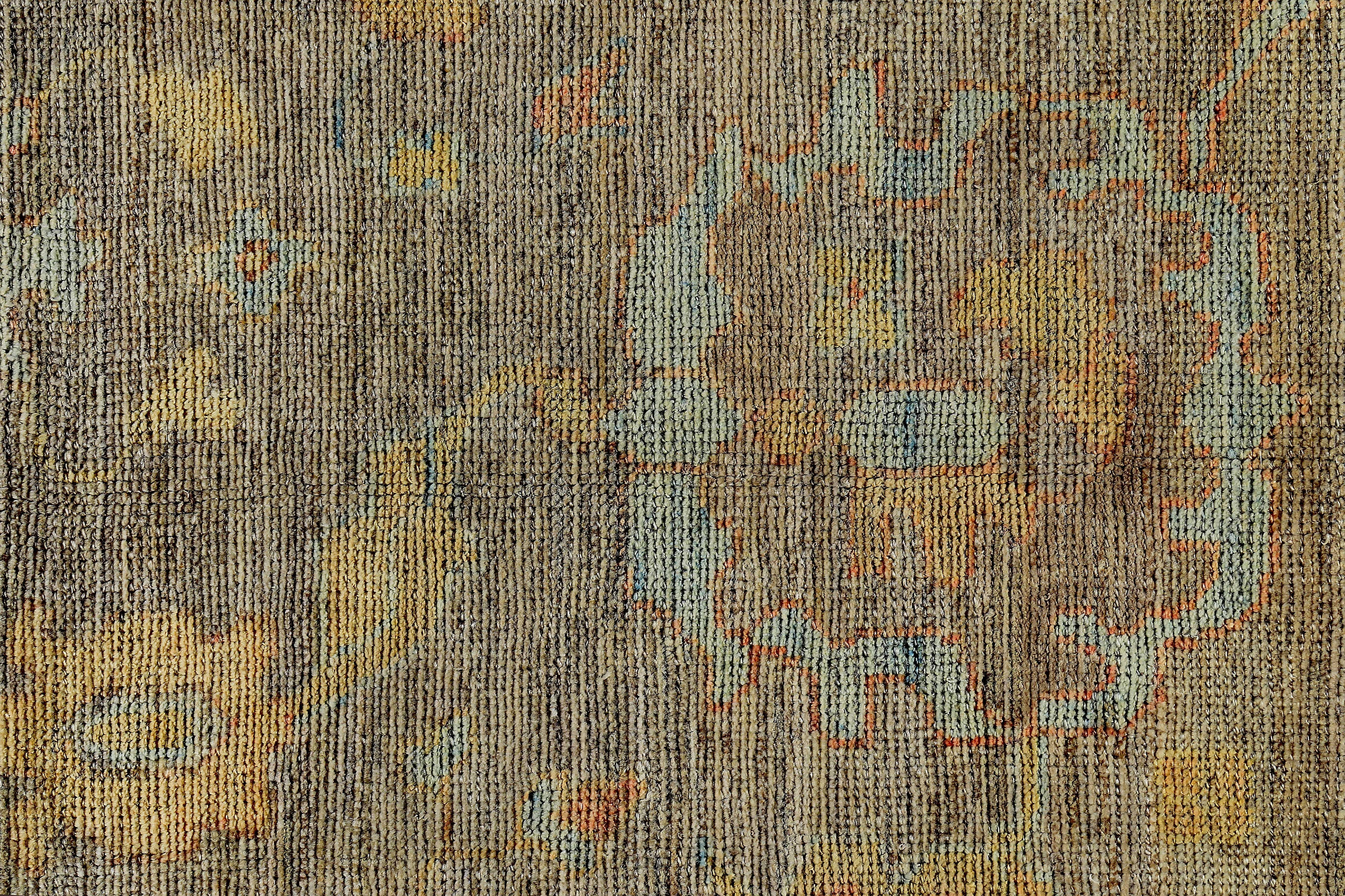 Hand-Woven Turkish Oushak Rug with Blue and Gold Floral Patterns on Ivory and Brown Field For Sale