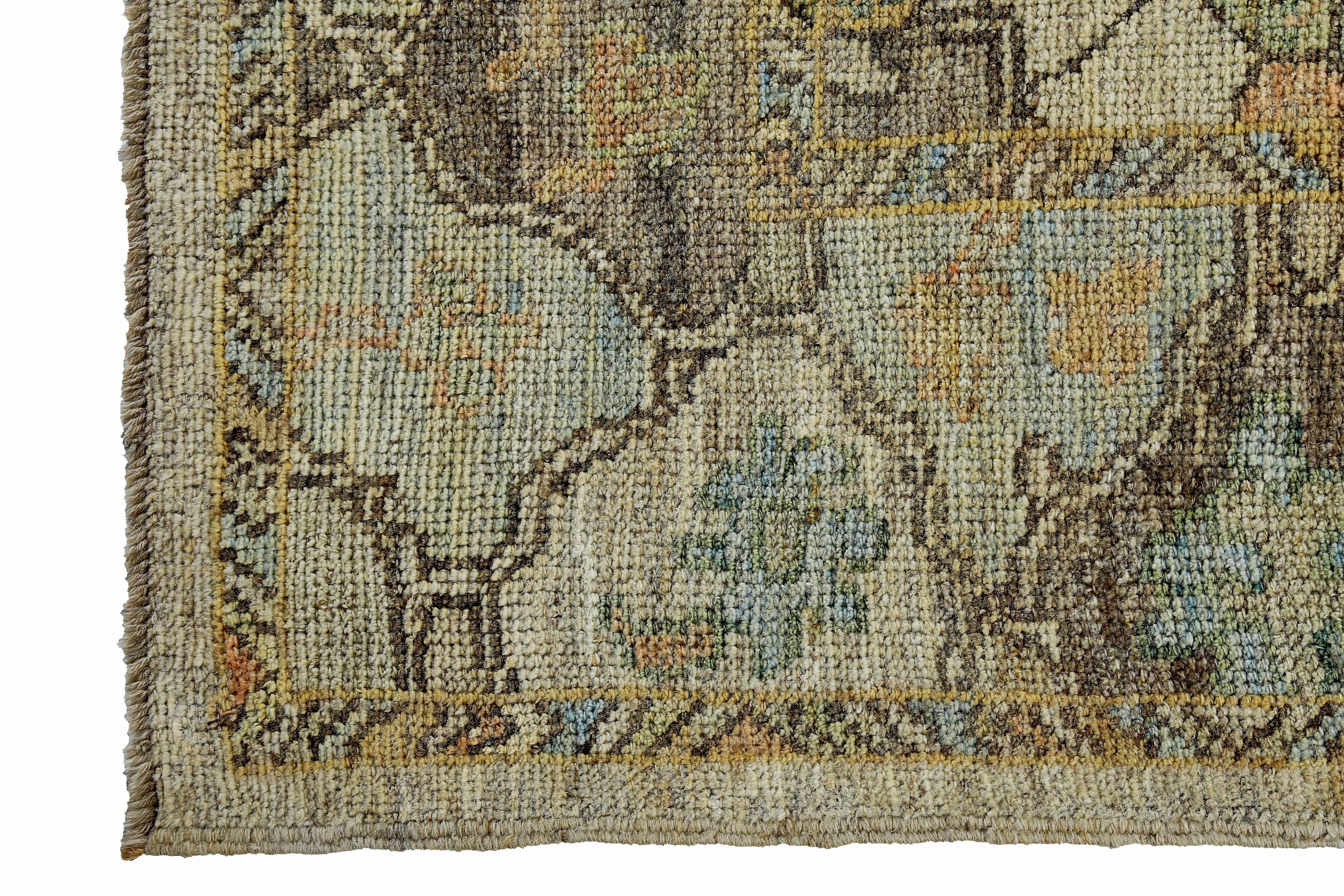 Hand-Woven Turkish Oushak Rug with Blue and Green Floral Heads on Ivory Field For Sale