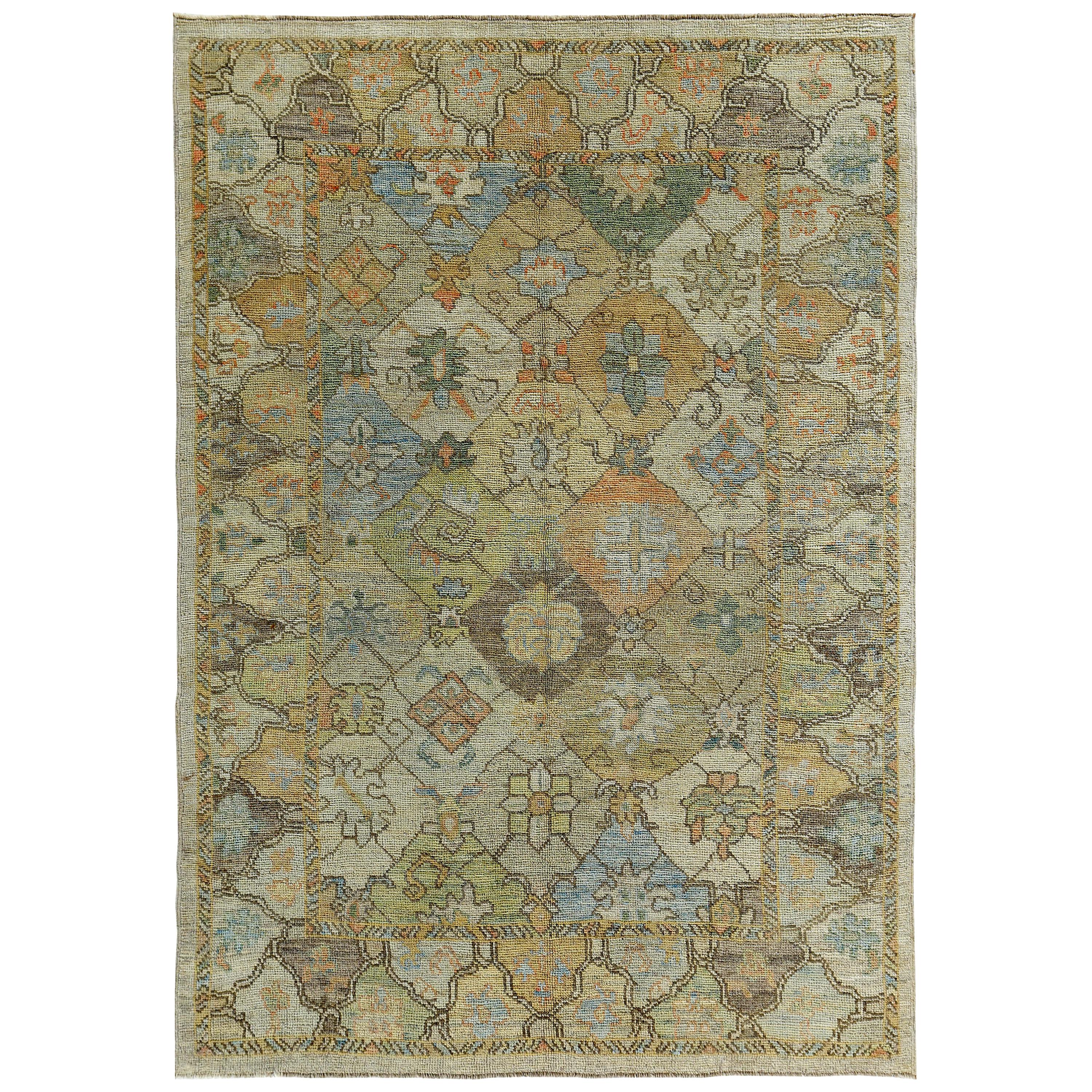 Turkish Oushak Rug with Blue and Green Floral Heads on Ivory Field