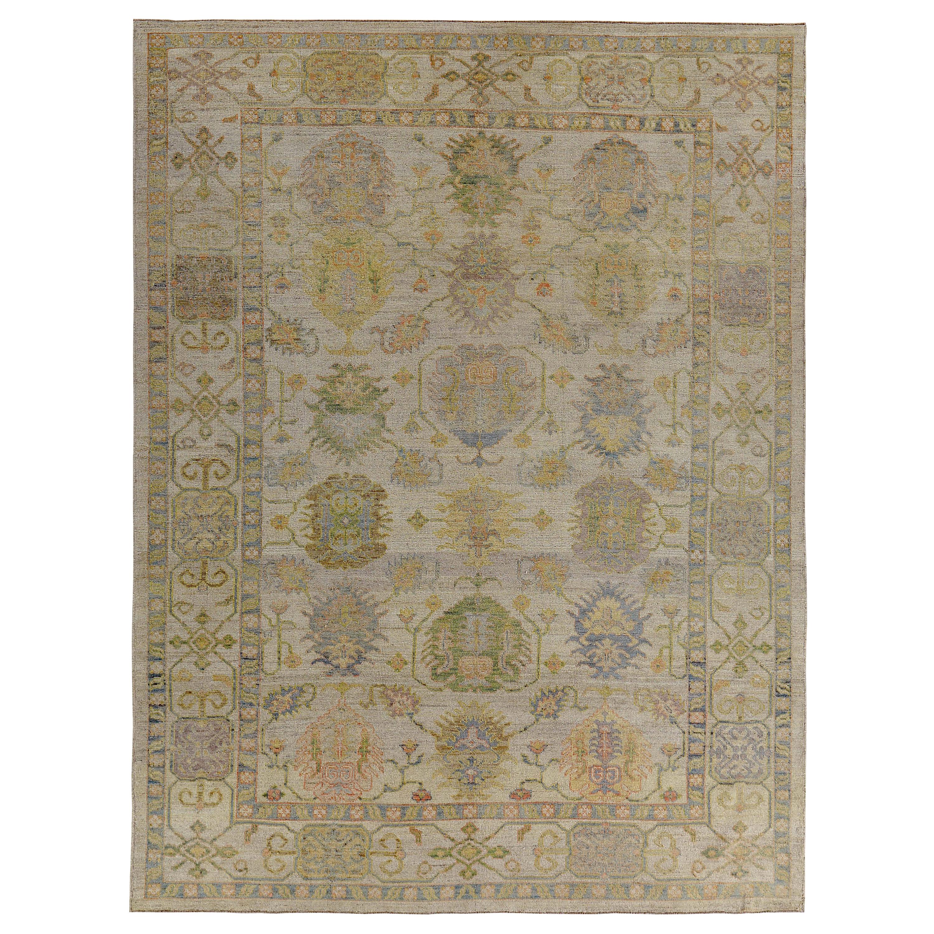 Turkish Oushak Rug with Blue, Orange and Green Flower Heads on Beige Field