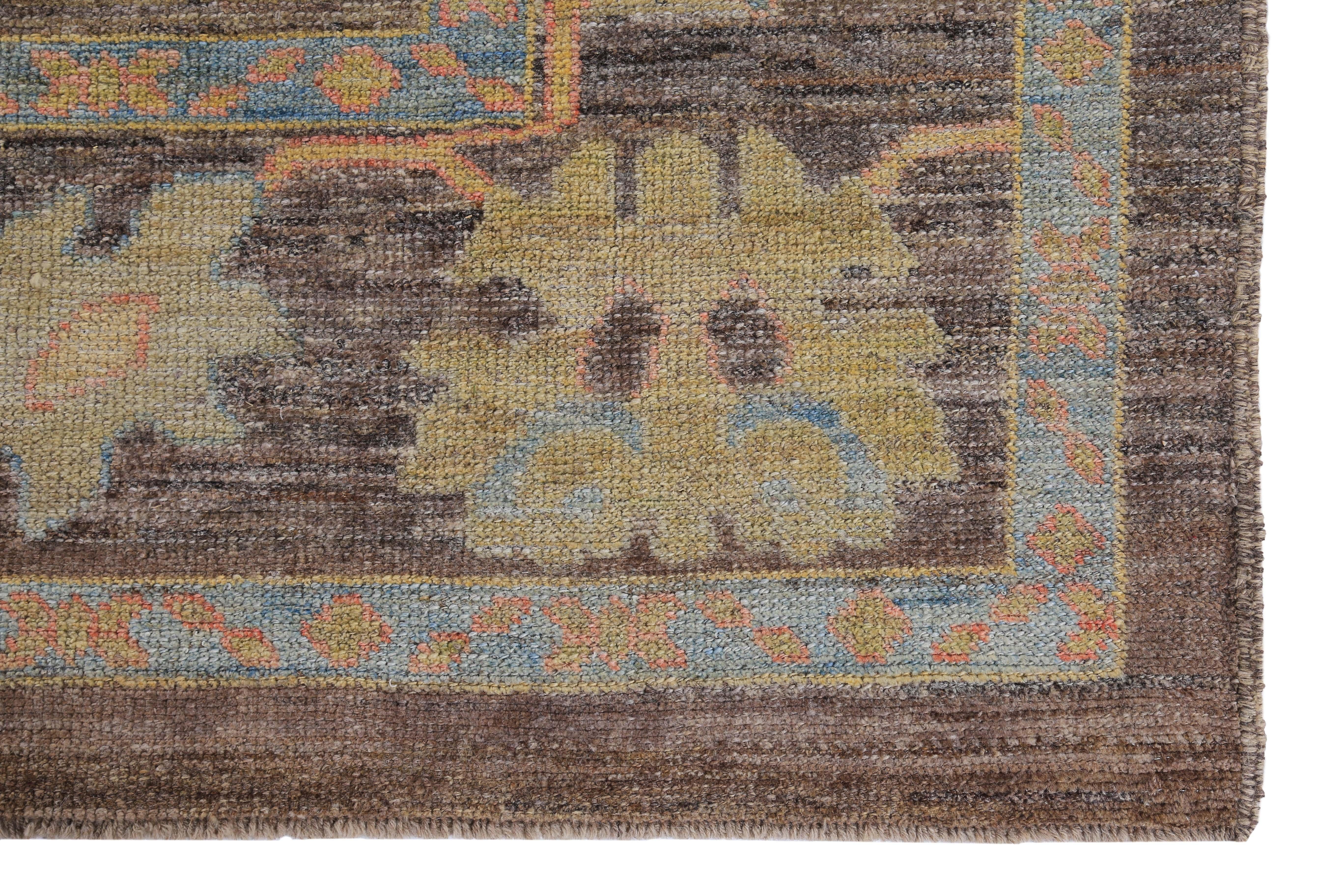 Turkish Oushak Rug with Blue, Orange and Green Flower Heads on Brown Field In New Condition For Sale In Dallas, TX