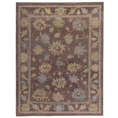 Turkish Oushak Rug with Blue, Orange and Green Flower Heads on Brown Field