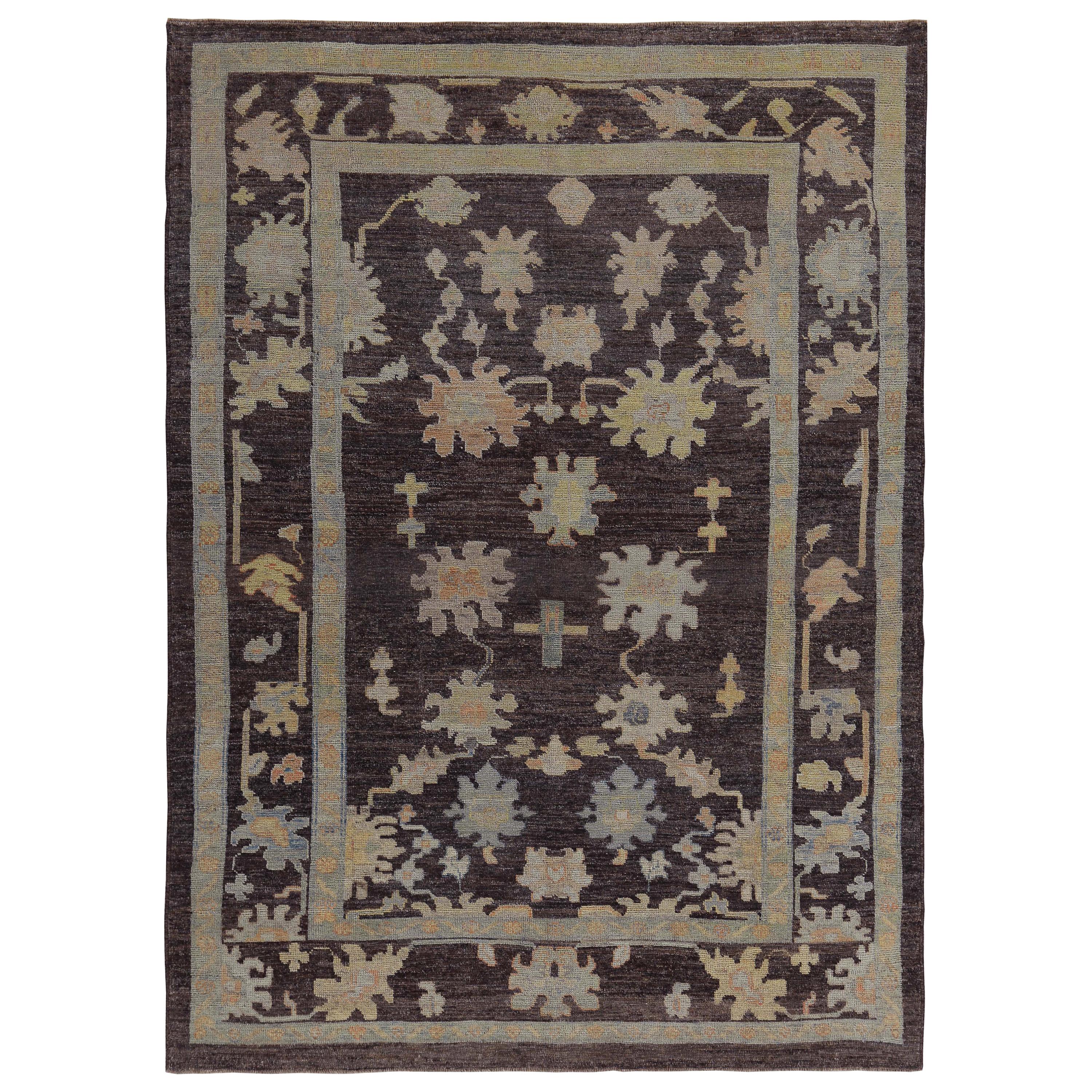 Turkish Oushak Rug with Blue, Orange and Yellow Flower Heads on Brown Field