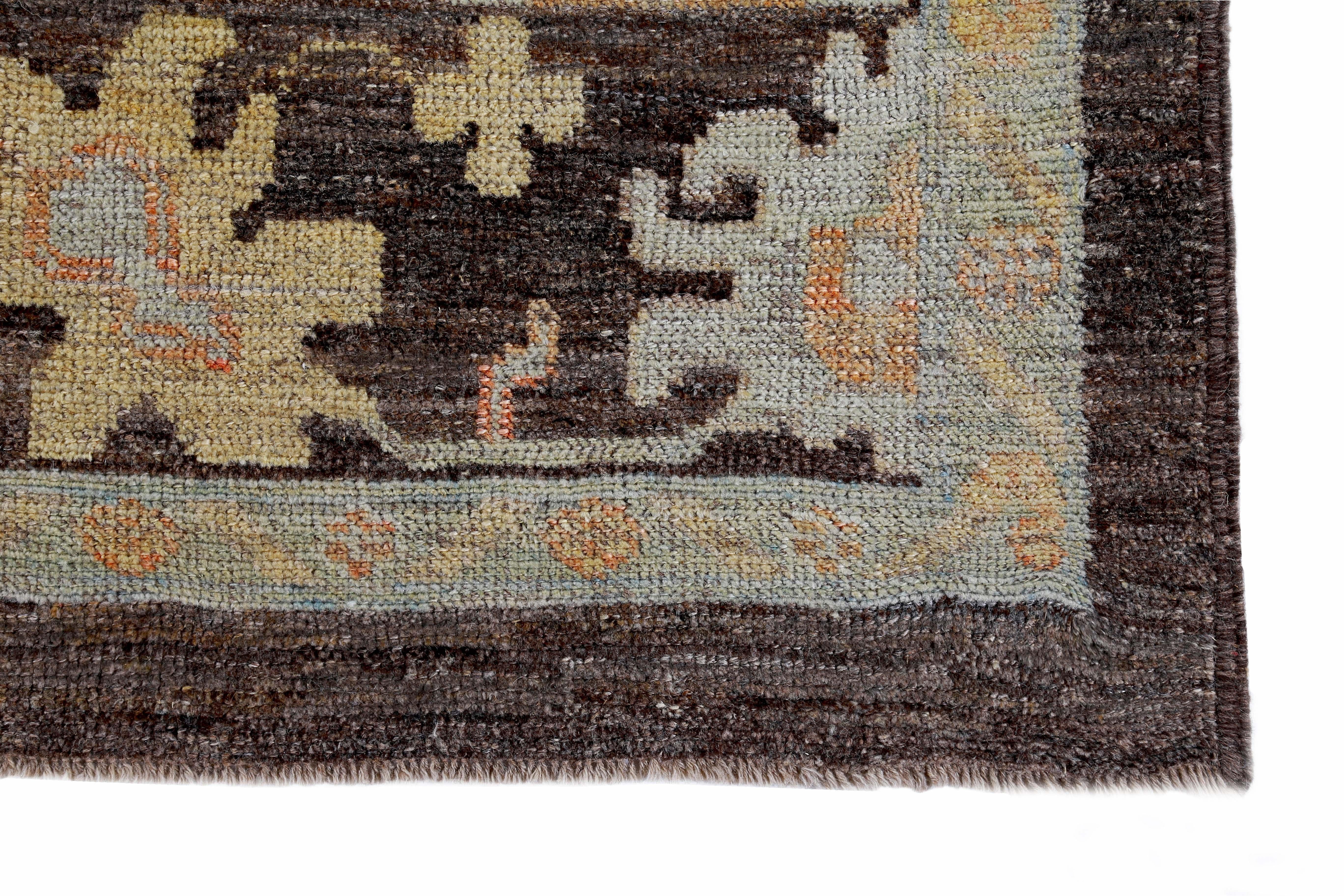 Turkish Oushak Rug with Blue, Orange and Yellow Flower Heads on Brown Field In New Condition For Sale In Dallas, TX