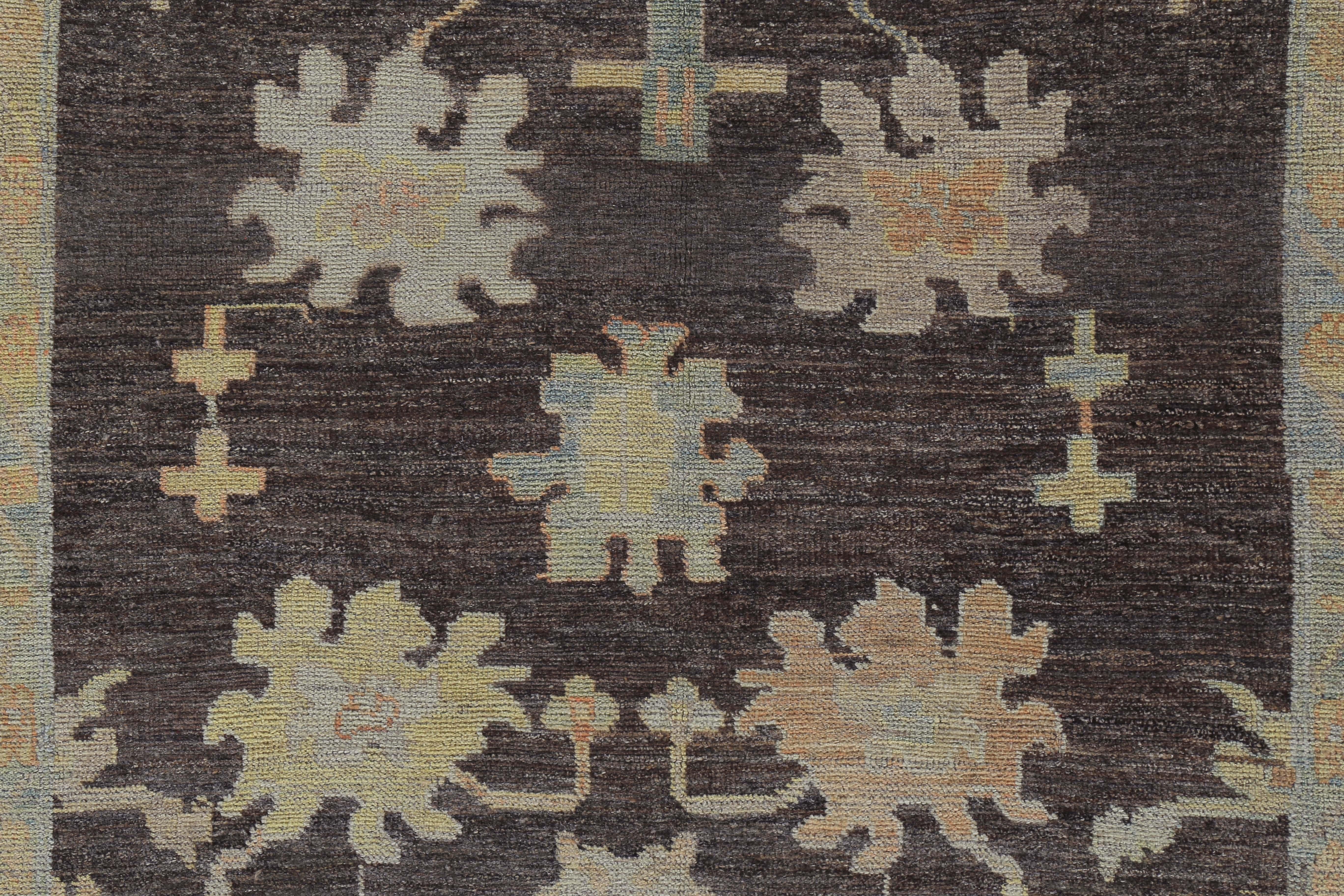 Contemporary Turkish Oushak Rug with Blue, Orange and Yellow Flower Heads on Brown Field For Sale