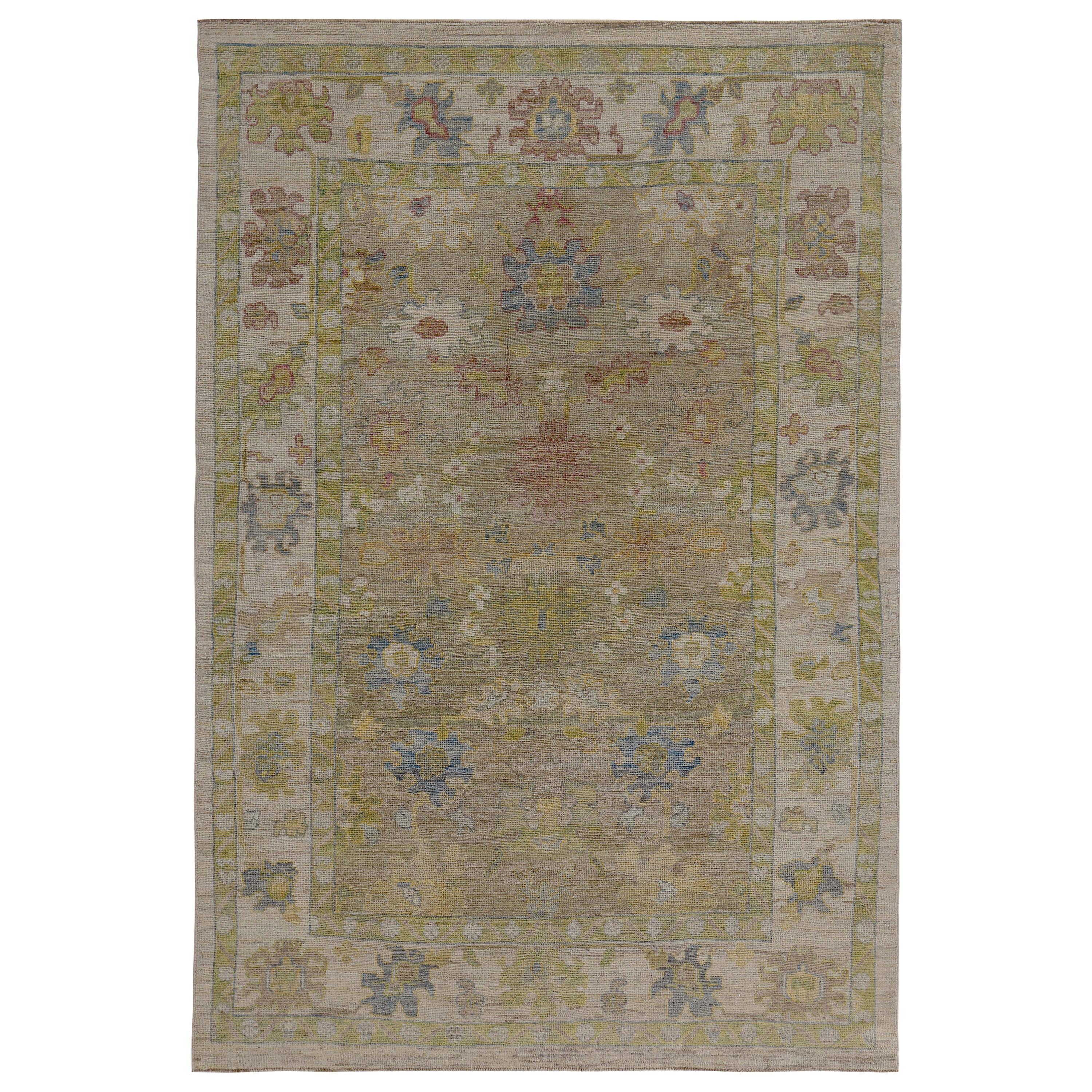 Turkish Oushak Rug with Blue, Red and Green Flower Heads on Brown Field
