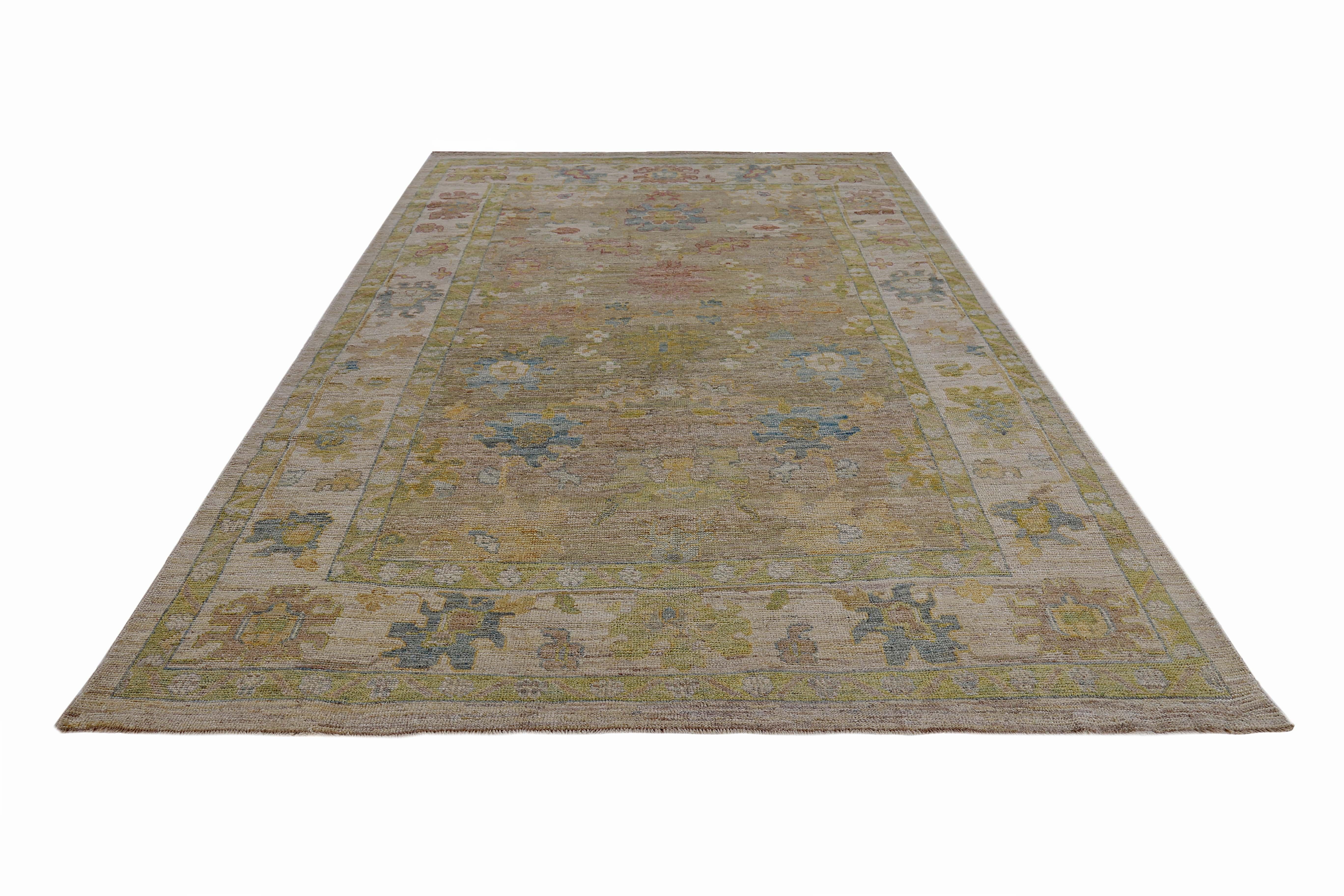 Turkish rug made of handwoven sheep’s wool of the finest quality. It’s colored with organic vegetable dyes that are certified safe for humans and pets alike. It features blue, red and green flower heads on a beautiful brown field. Flower patterns