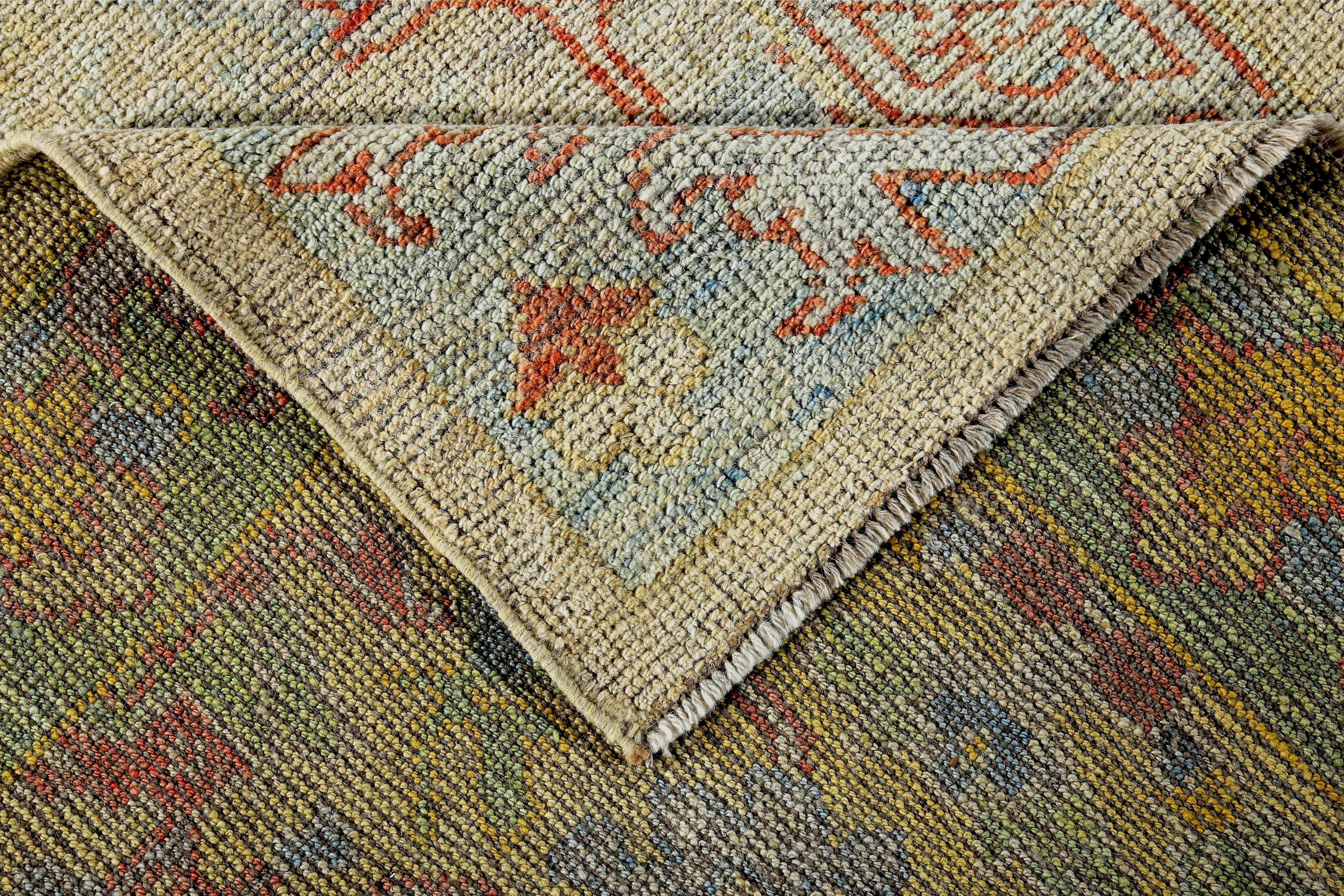 Wool Turkish Oushak Rug with Blue and Rust Floral Details on Ivory Field For Sale