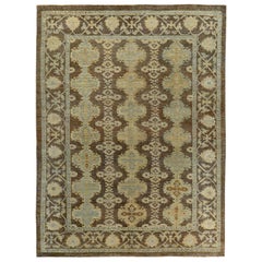 Turkish Oushak Rug with Blue, Yellow and Beige Flower Heads on Brown Field