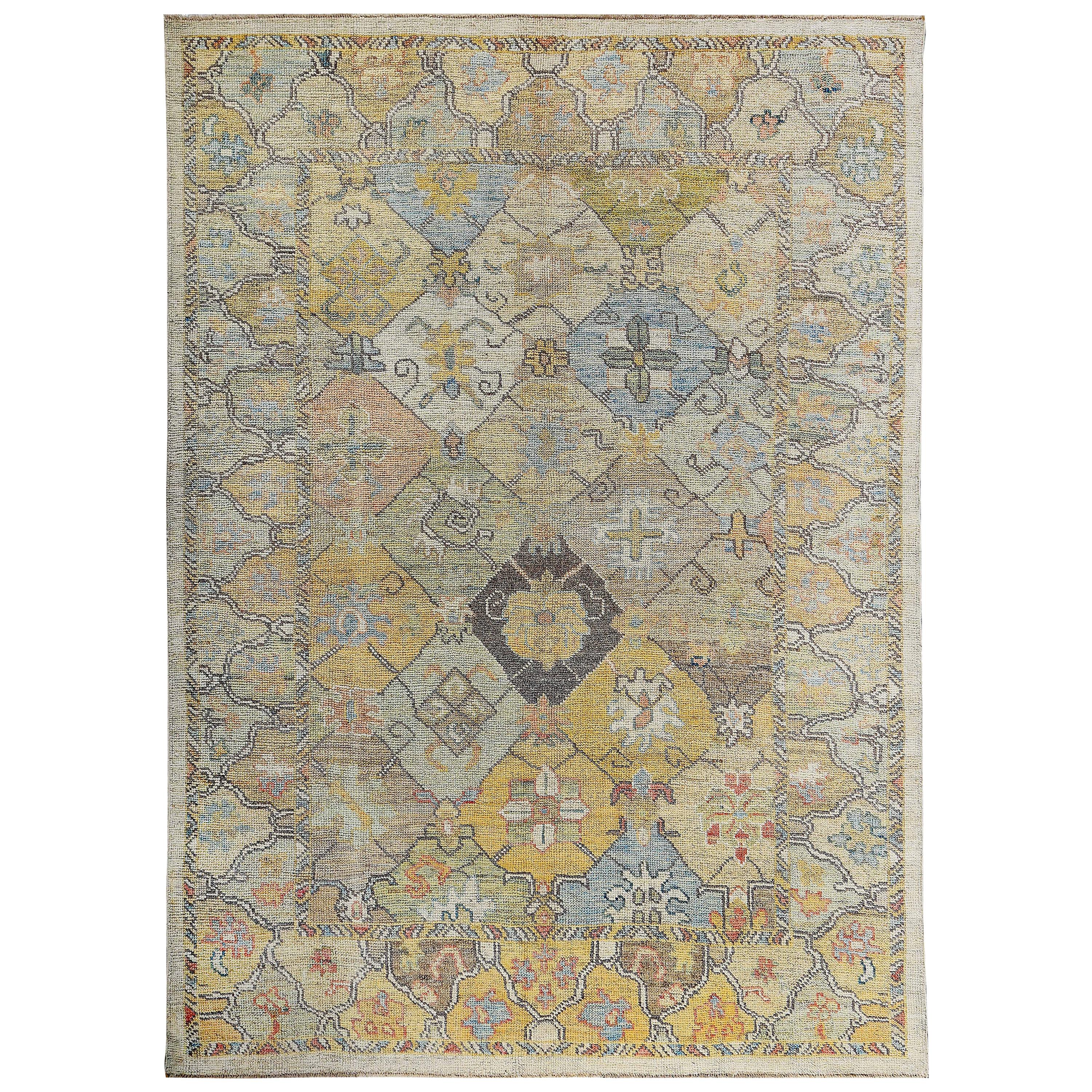 Turkish Oushak Rug with Blue & Yellow Floral Details on Ivory Field For Sale