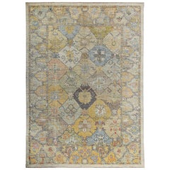 Turkish Oushak Rug with Blue & Yellow Floral Details on Ivory Field