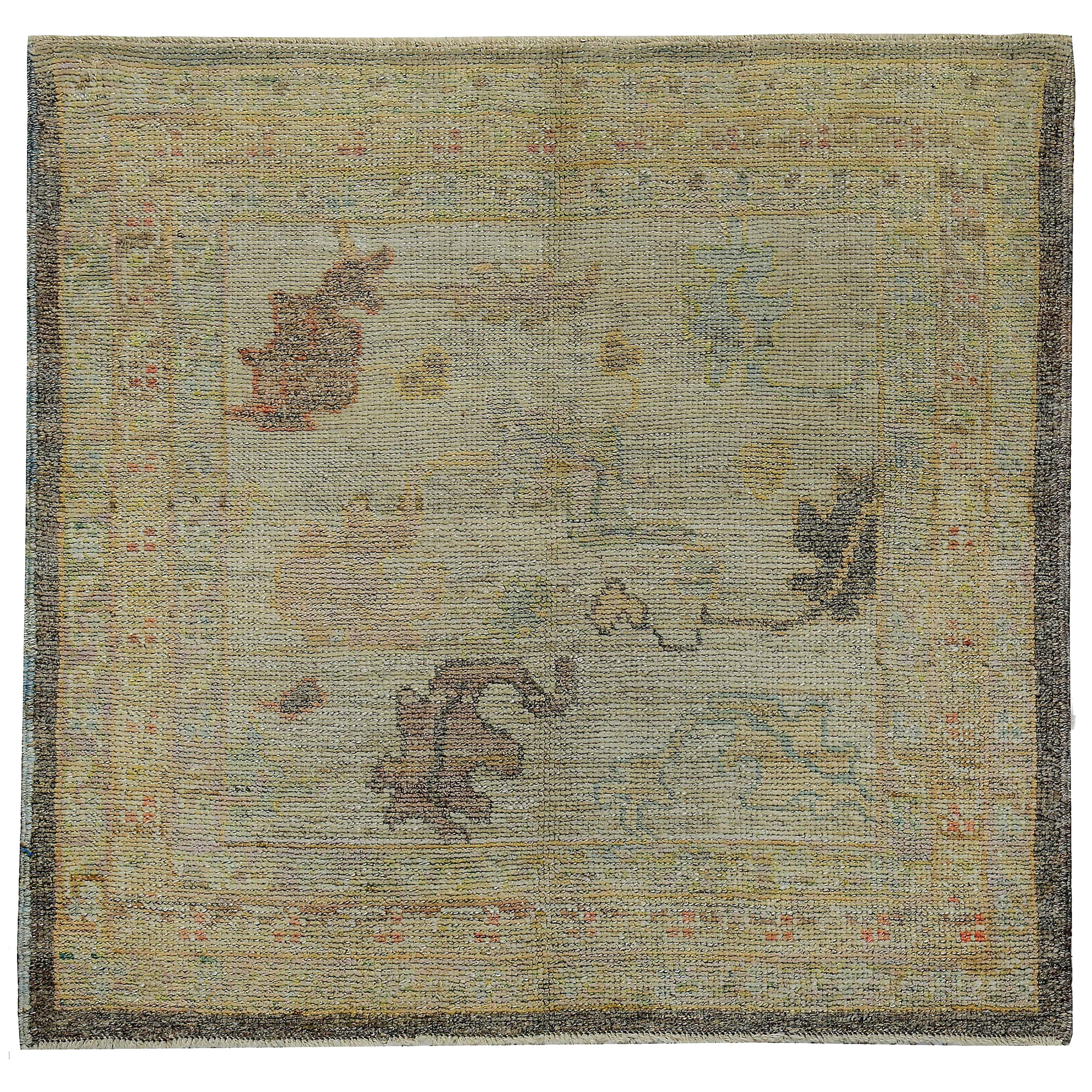 Turkish Oushak Rug with Brown and Gold Floral Details on Ivory Field For Sale