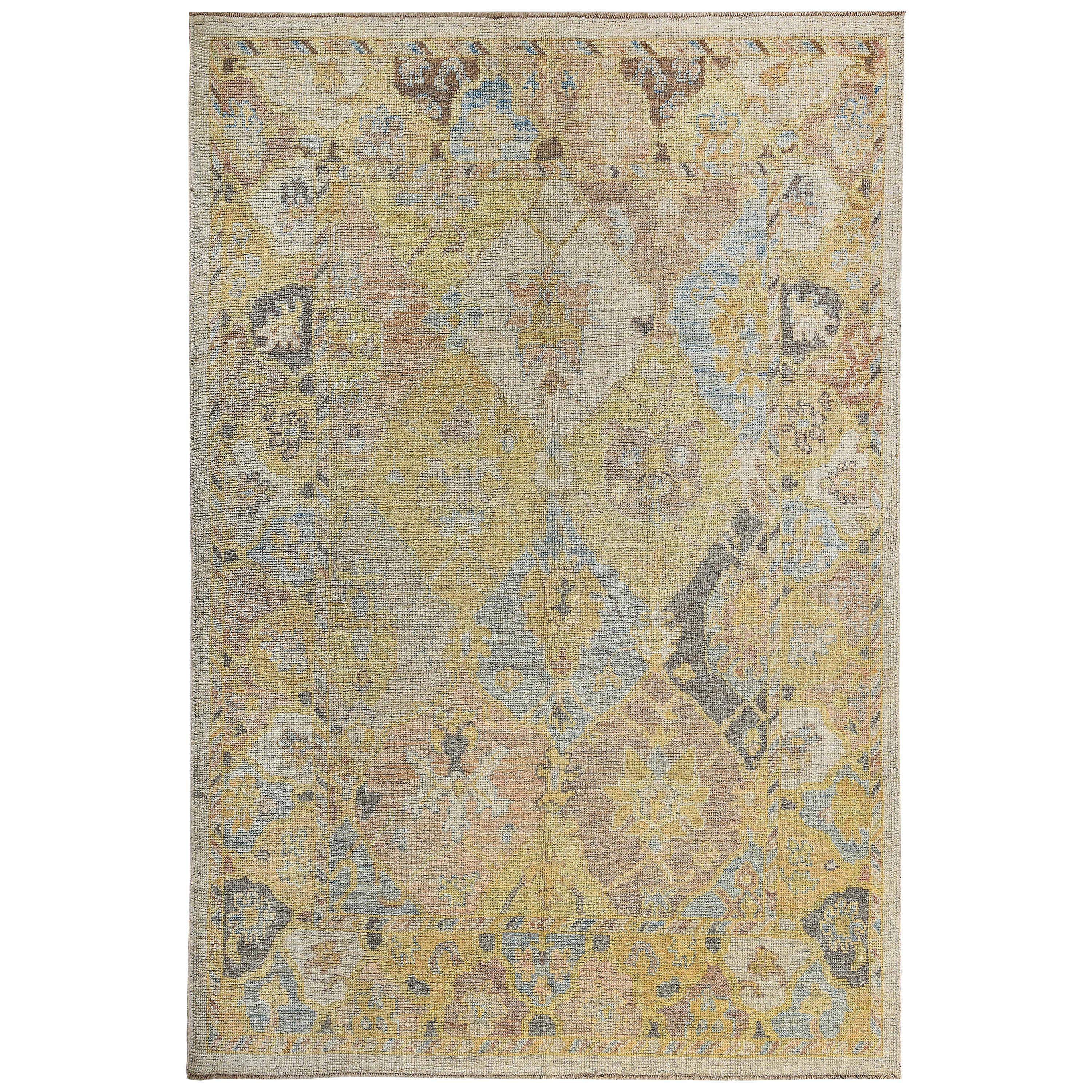 Turkish Oushak Rug with Brown and Gray Floral Details on Yellow and Ivory Field For Sale