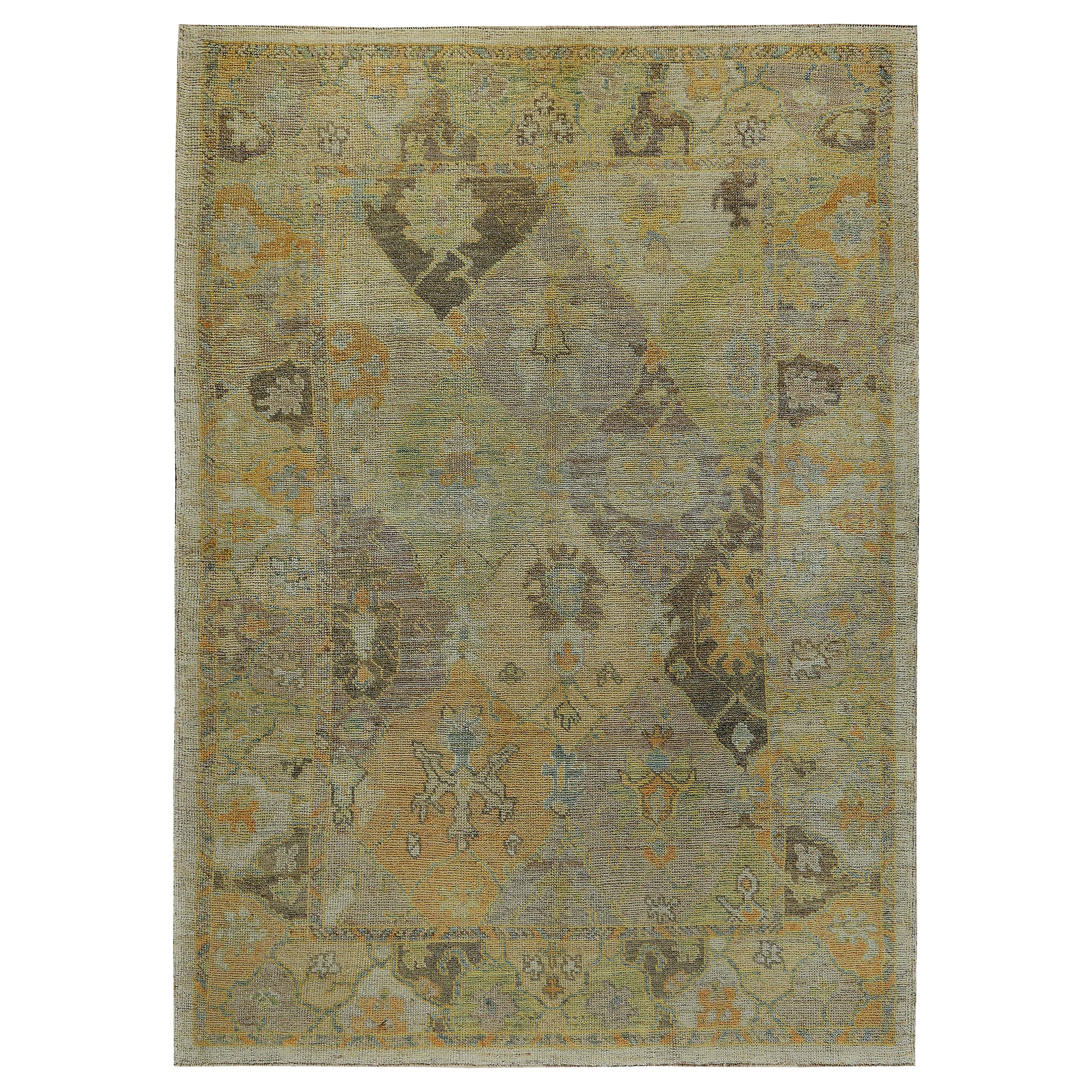 Turkish Oushak Rug with Brown and Orange Floral Details on Ivory Field For Sale