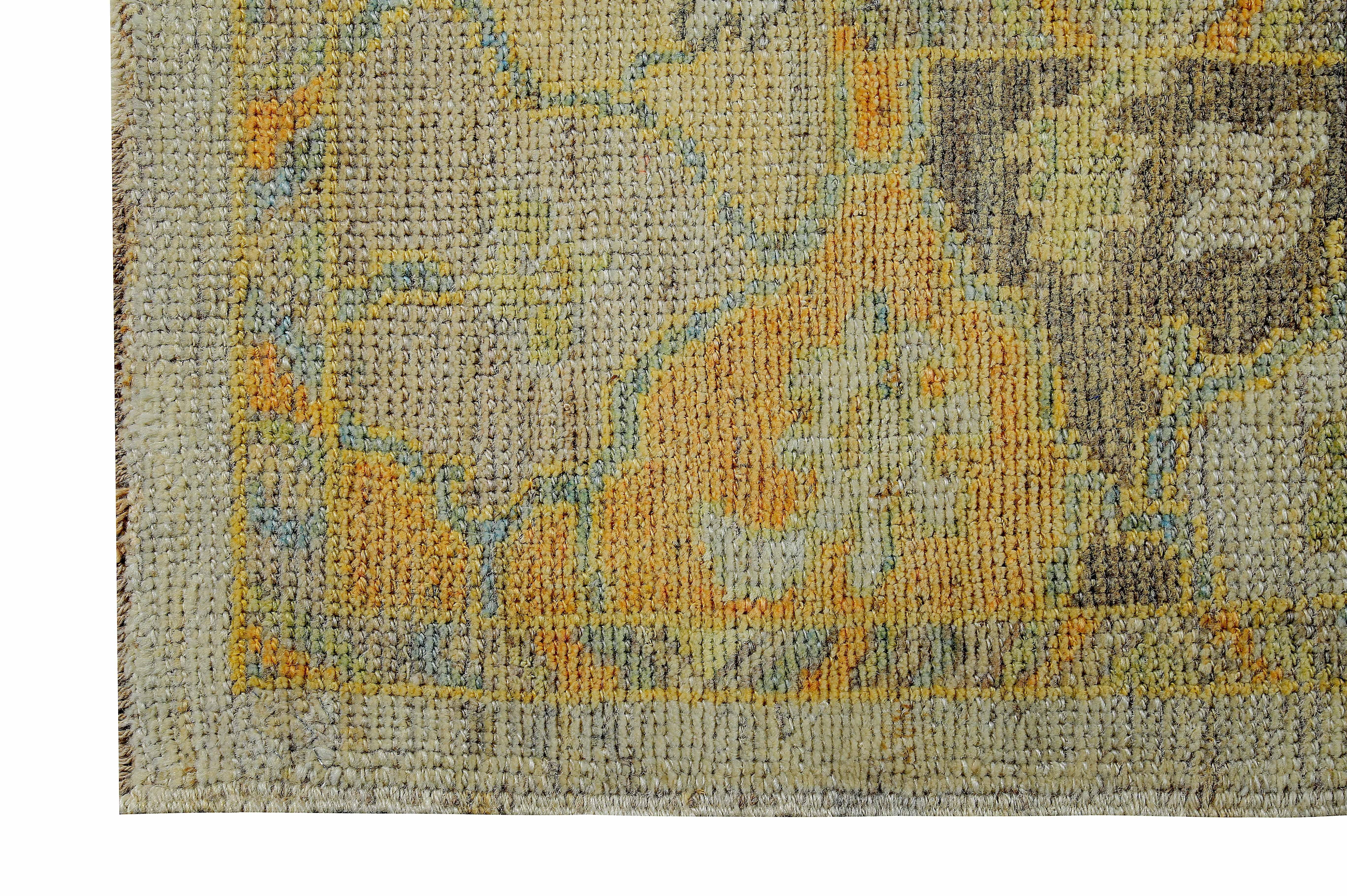 Contemporary Turkish Oushak Rug with Brown and Orange Floral Details on Ivory Field For Sale