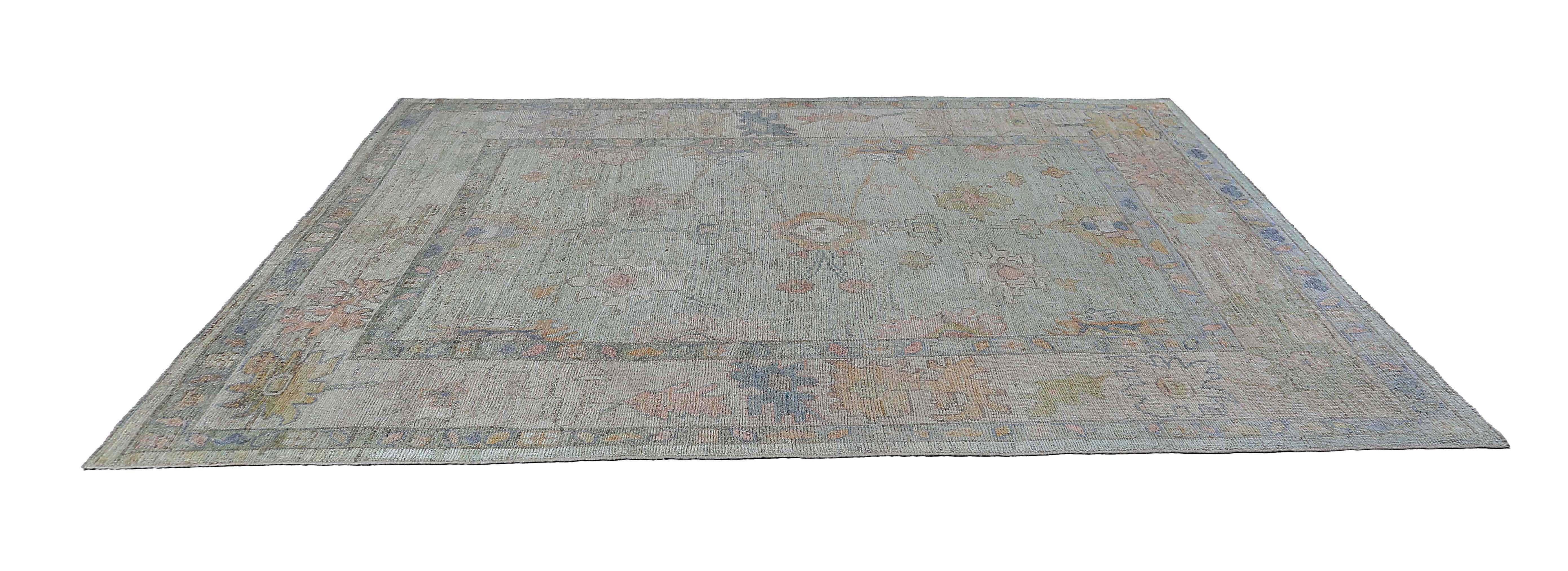 Tribal Afghanistan Oushak Area Rugs Circa 1990 - Wool Green Pink Design - 95489 For Sale
