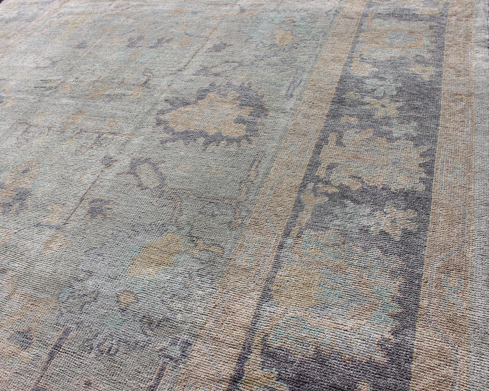 Contemporary Turkish Oushak Rug with Fine Handspun Wool in All Over Design For Sale