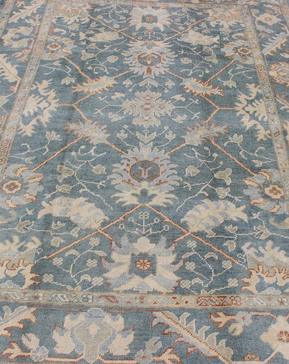 Turkish Oushak Rug with Floral Design in Light Steel-Blue and Coral Accent For Sale 2