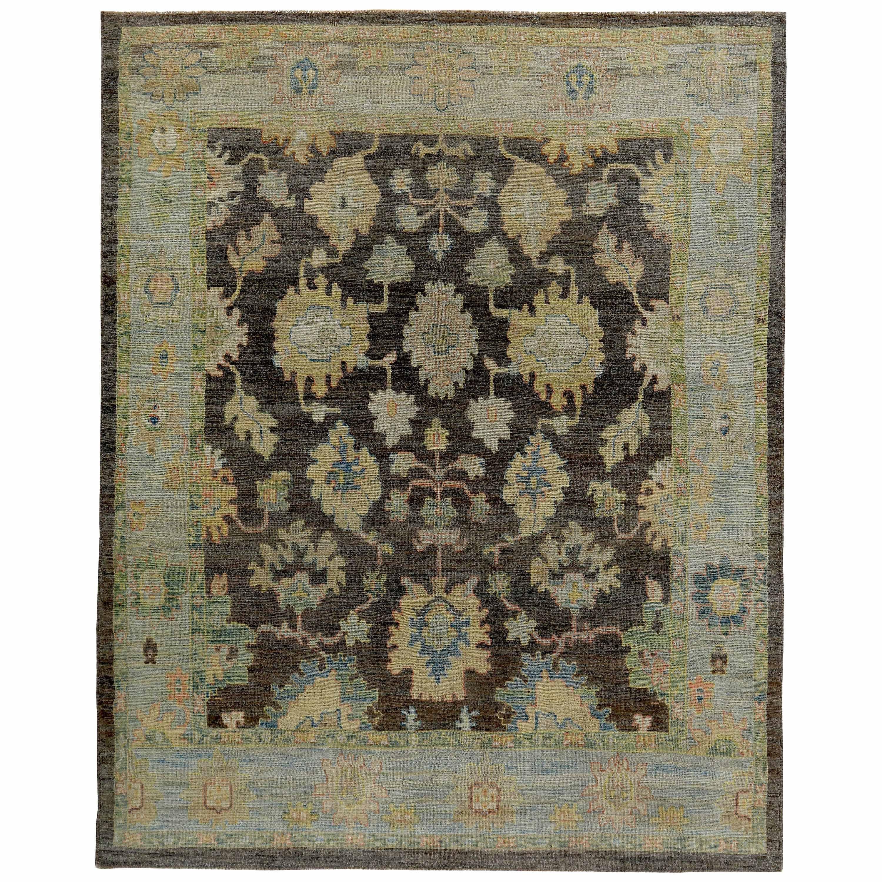 Turkish Oushak Rug with Gold and Blue Floral Details on Brown and Ivory Field For Sale