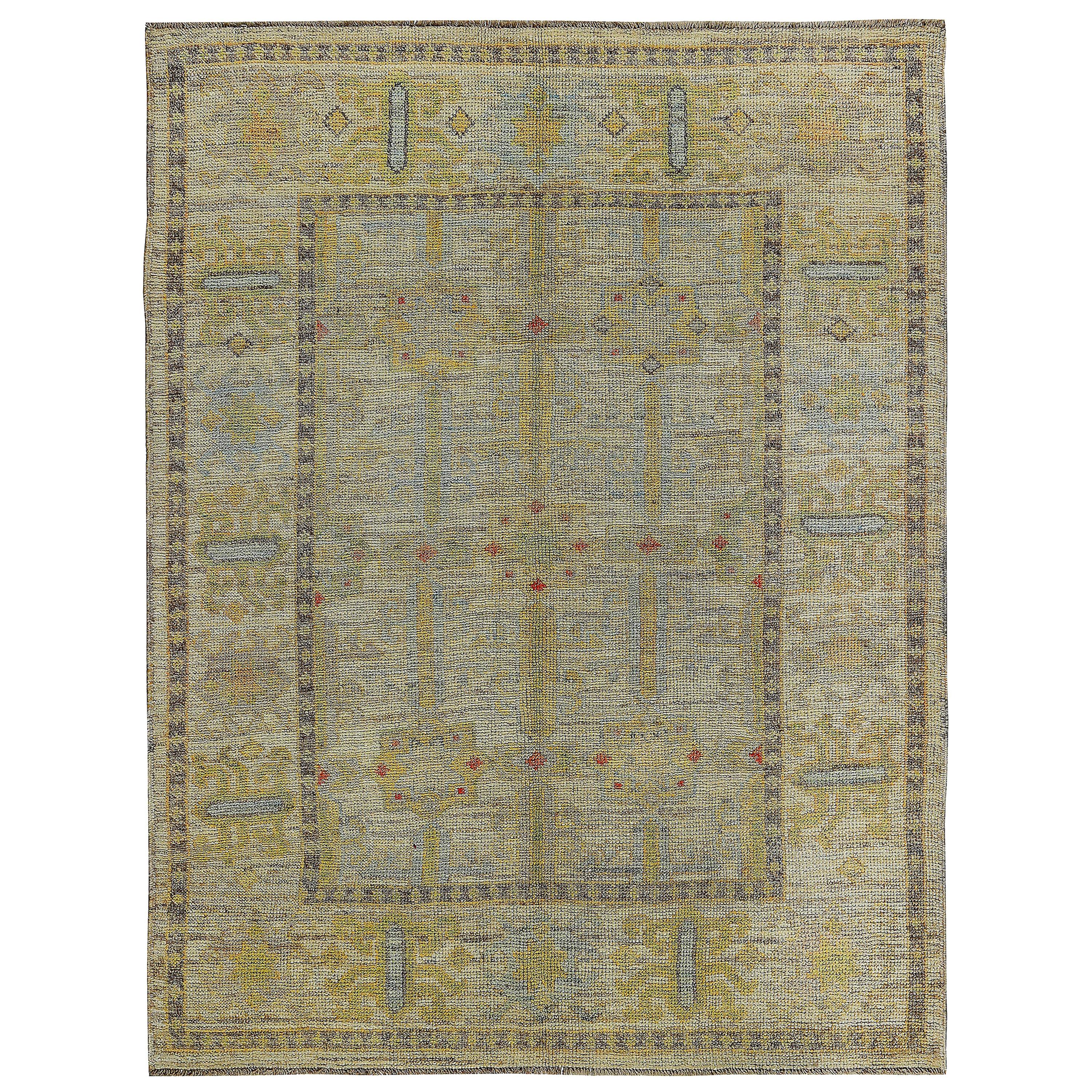Turkish Oushak Rug with Gold and Gray Floral Medallions on Ivory Field