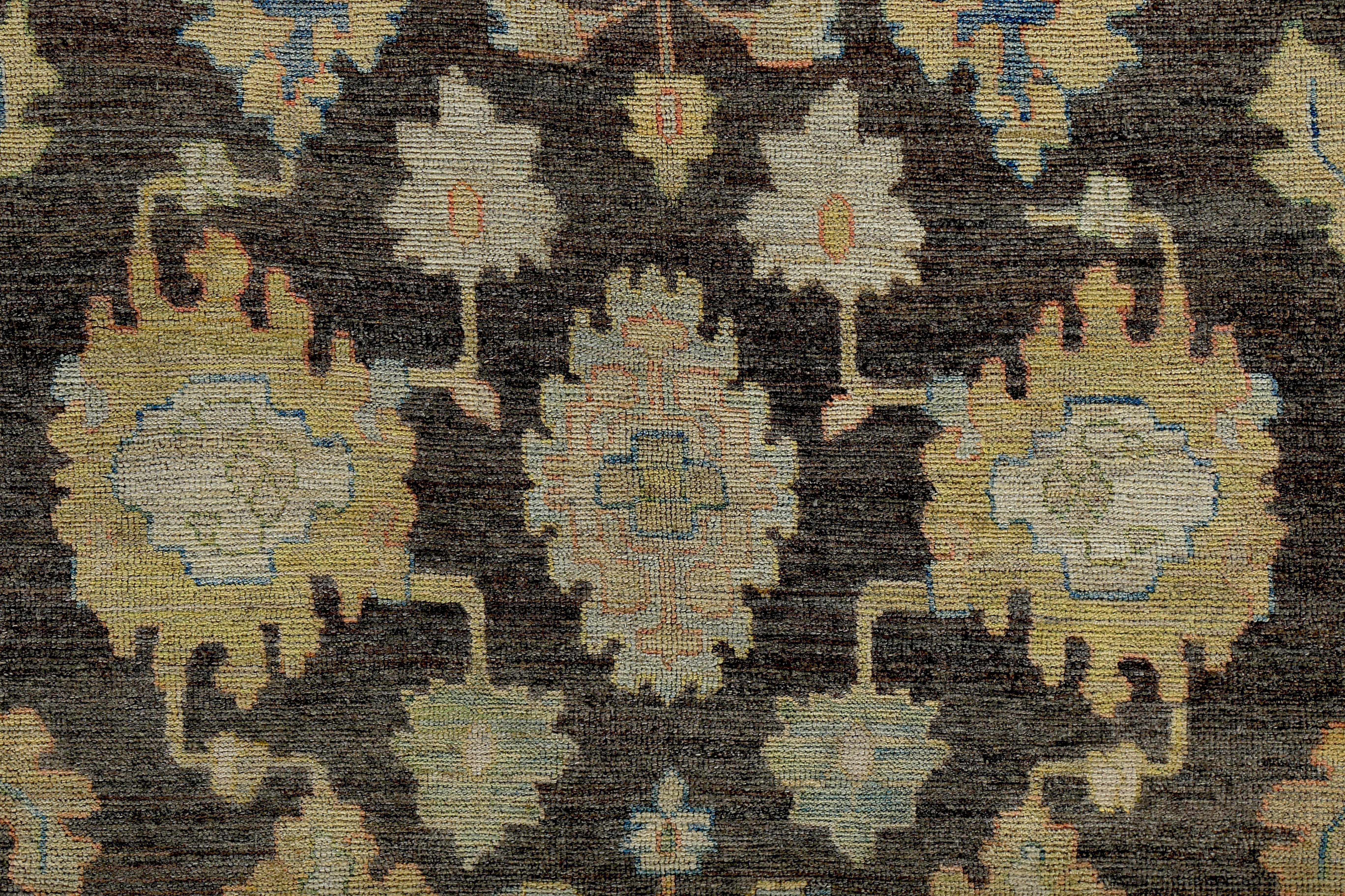 Contemporary Turkish Oushak Rug with Gold and Blue Floral Details on Brown and Ivory Field For Sale