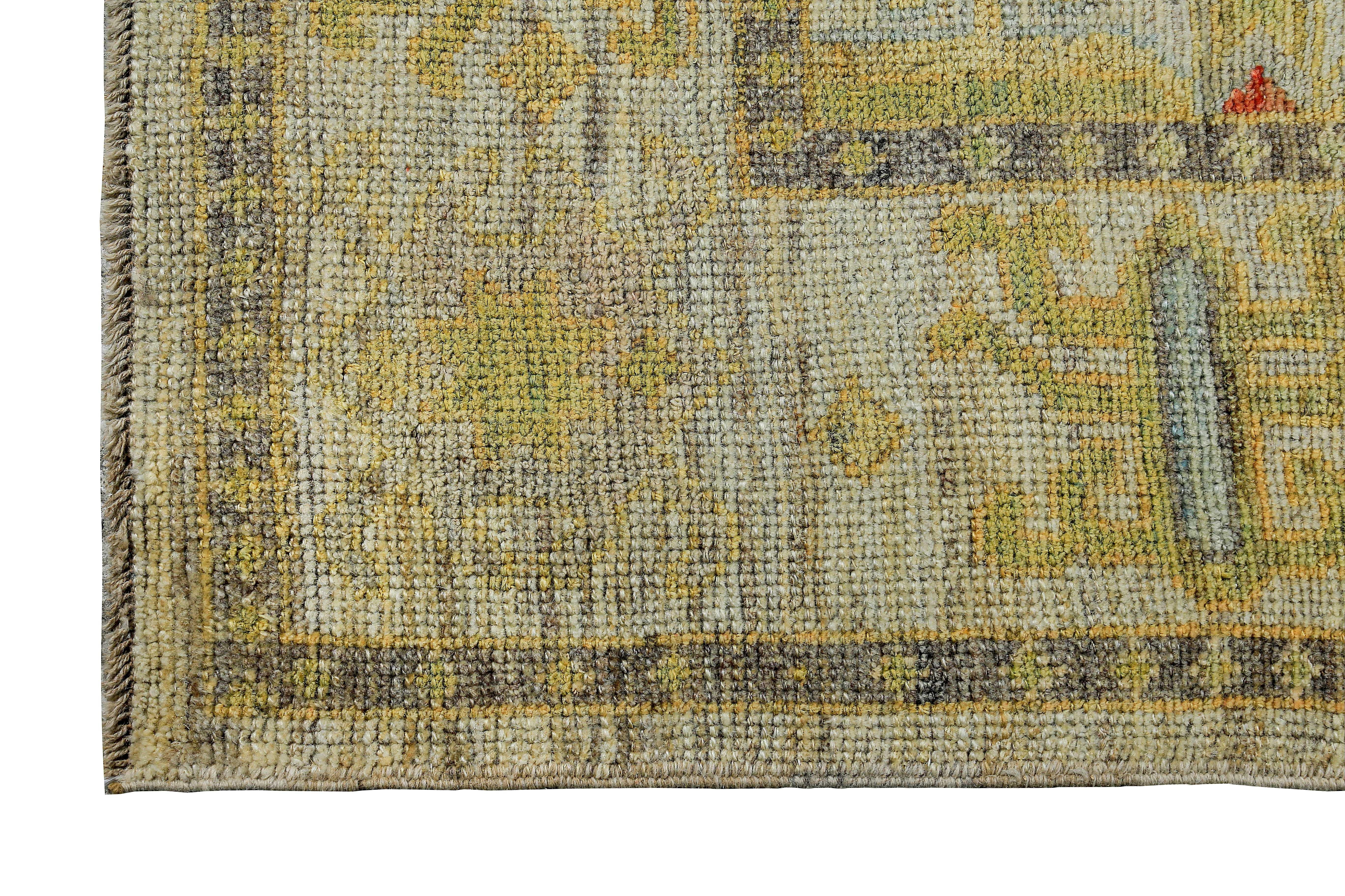 Hand-Woven Turkish Oushak Rug with Gold and Gray Floral Medallions on Ivory Field