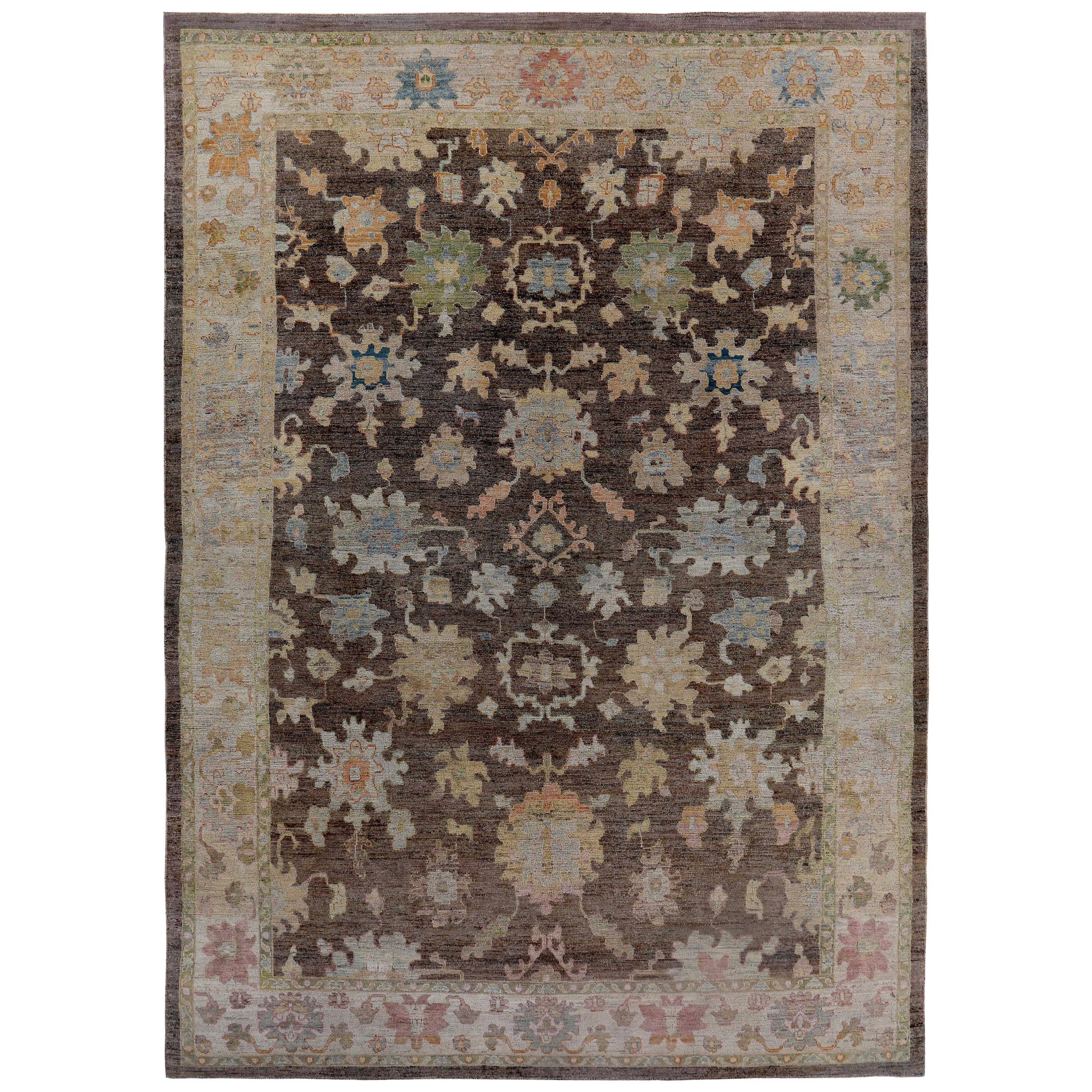 Turkish Oushak Rug with Green and Pink Flower Patterns on Brown and Ivory Field