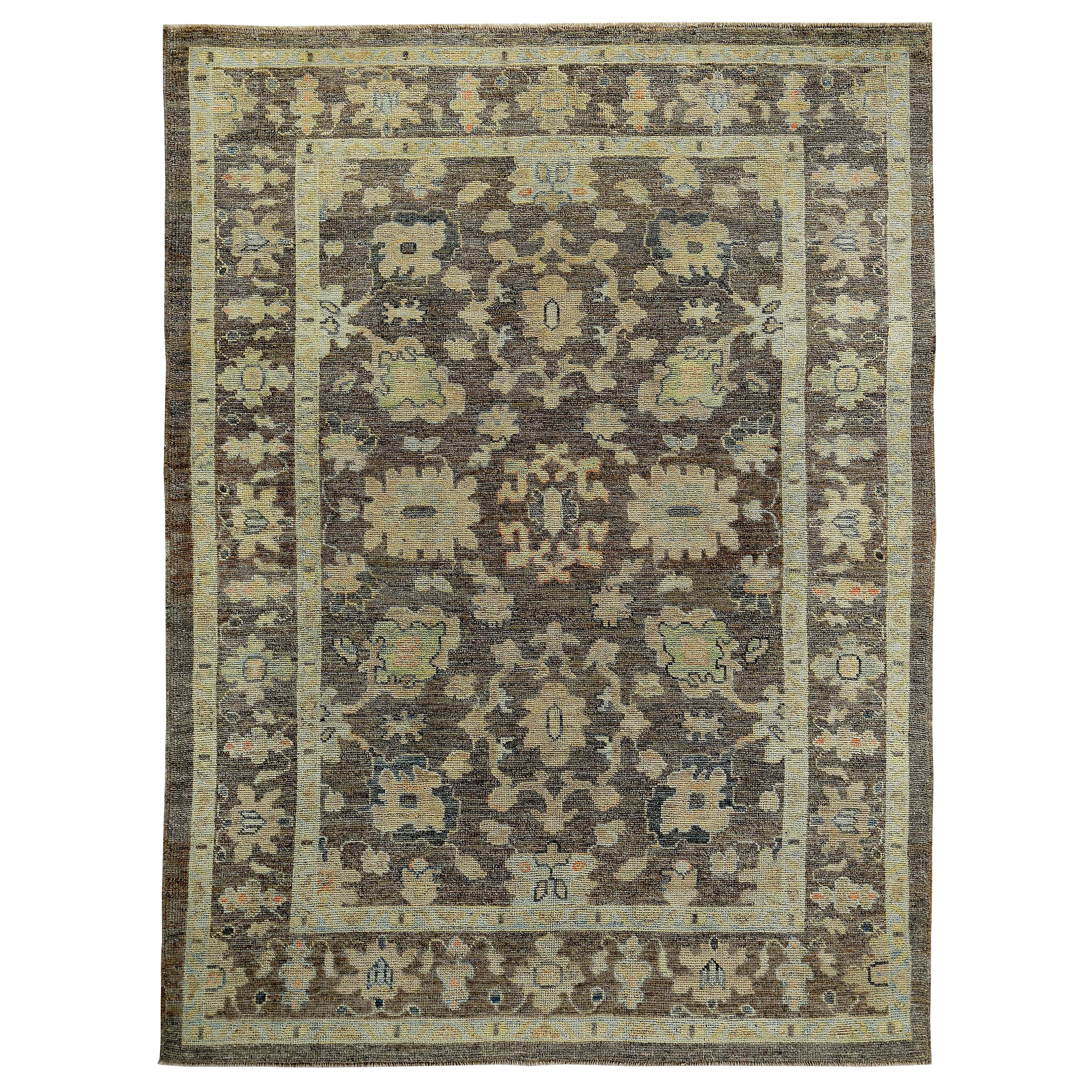 Turkish Oushak Rug with Green, Blue and Beige Flower Heads on Brown Field