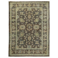 Turkish Oushak Rug with Green, Blue and Beige Flower Heads on Brown Field