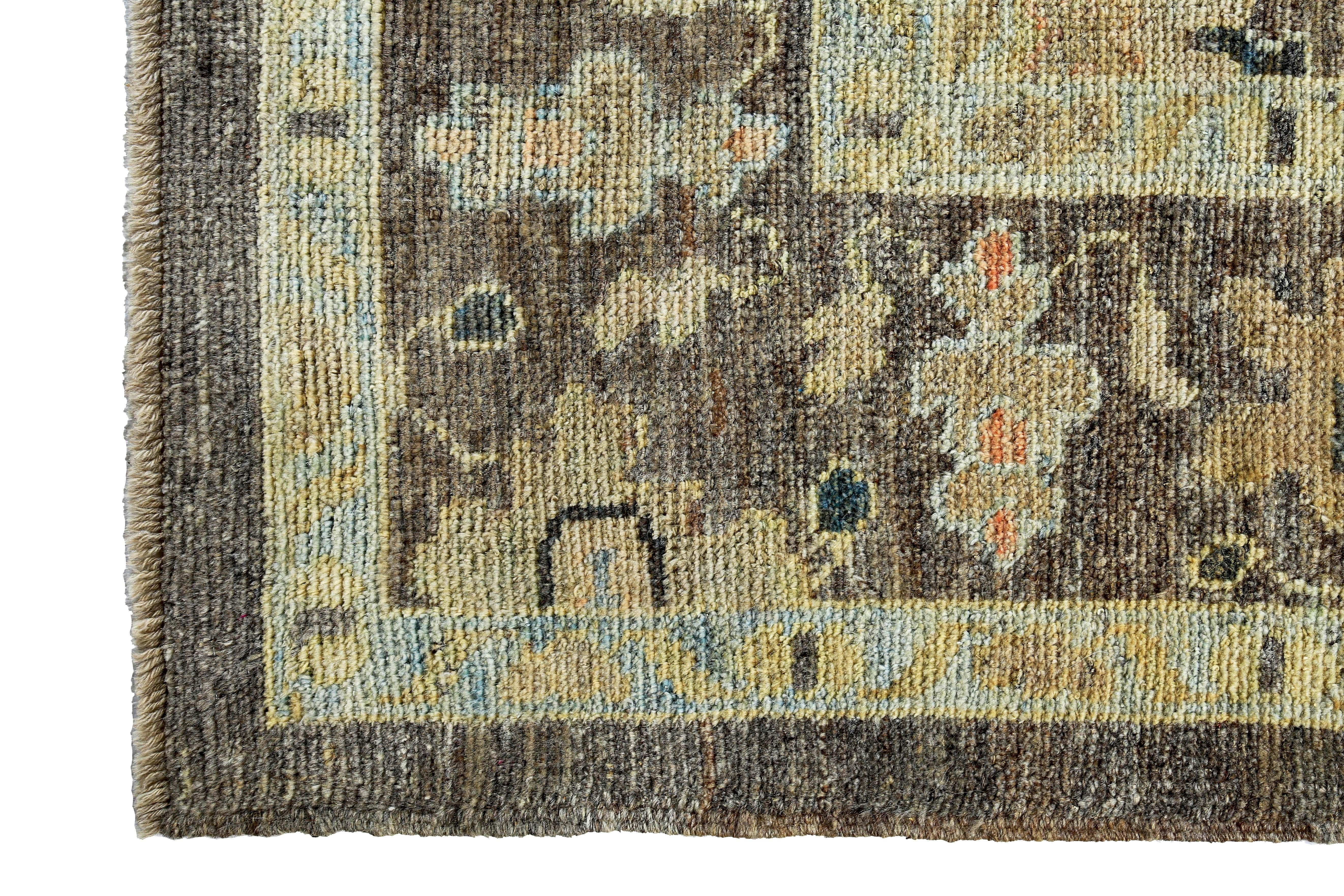 Turkish Oushak Rug with Green, Blue and Beige Flower Heads on Brown Field In New Condition For Sale In Dallas, TX