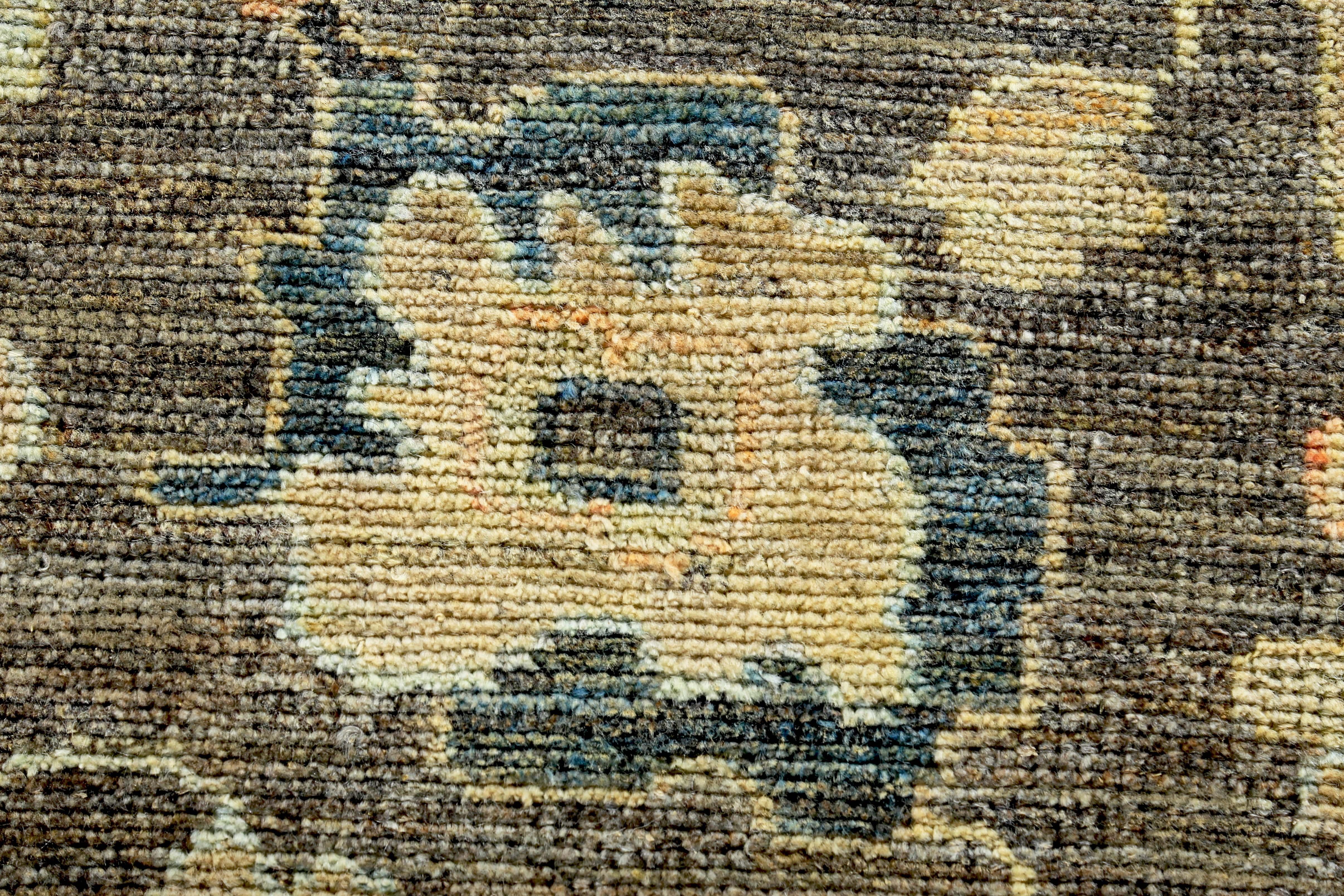 Contemporary Turkish Oushak Rug with Green, Blue and Beige Flower Heads on Brown Field For Sale