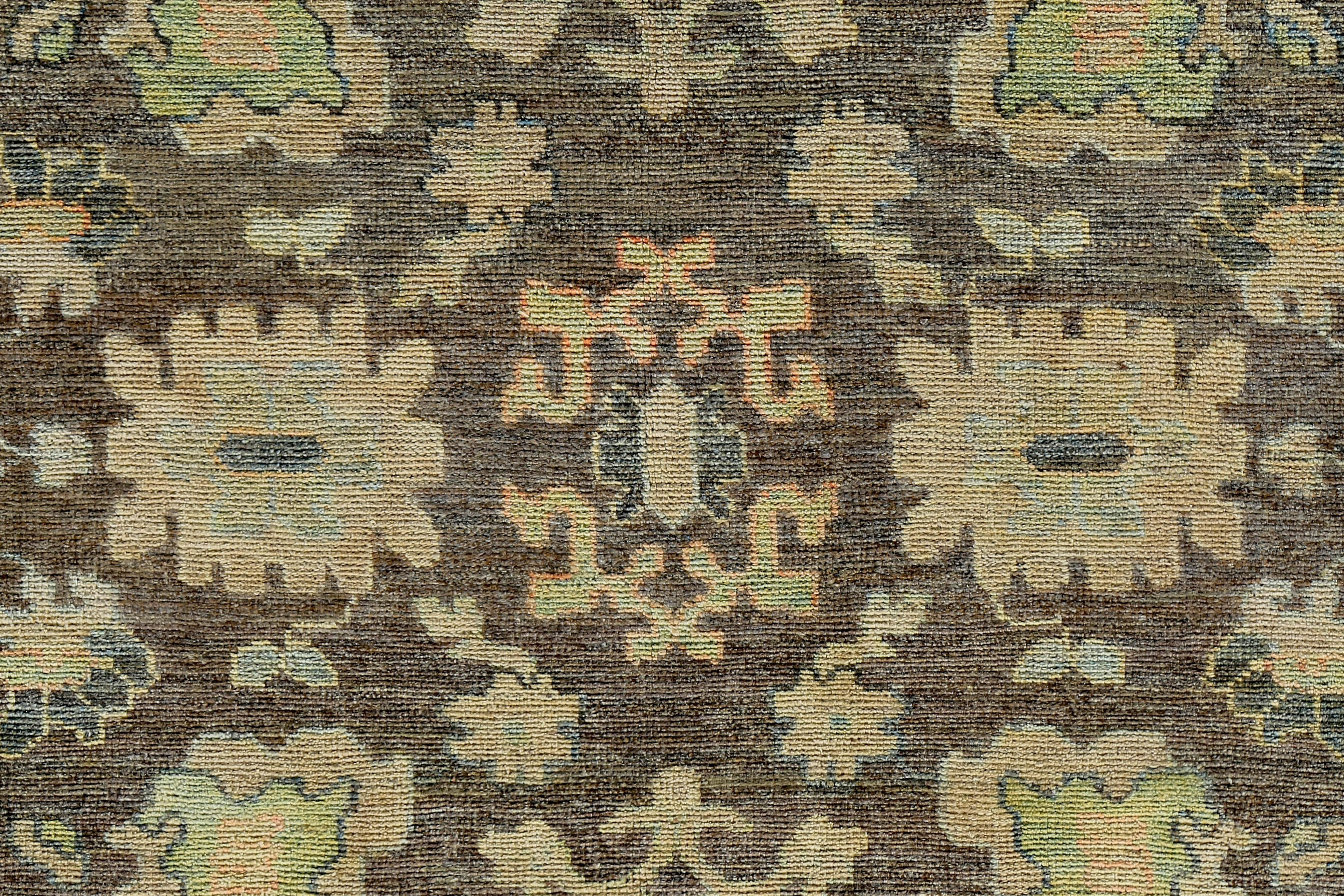 Wool Turkish Oushak Rug with Green, Blue and Beige Flower Heads on Brown Field For Sale