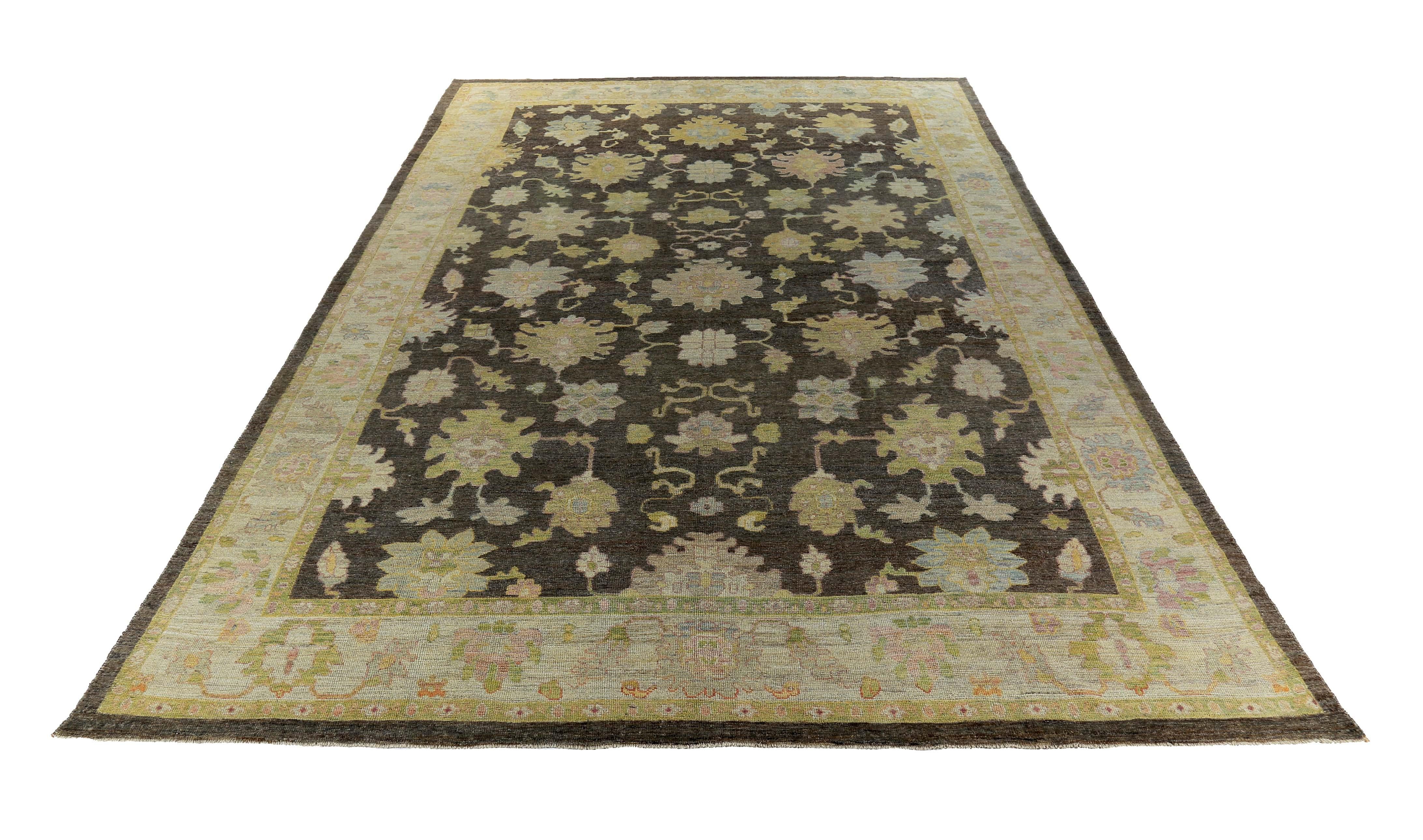 New Turkish rug made of handwoven sheep’s wool of the finest quality. It’s colored with organic vegetable dyes that are certified safe for humans and pets alike. It features green and blue floral details on a lovely ivory field. Flower patterns are