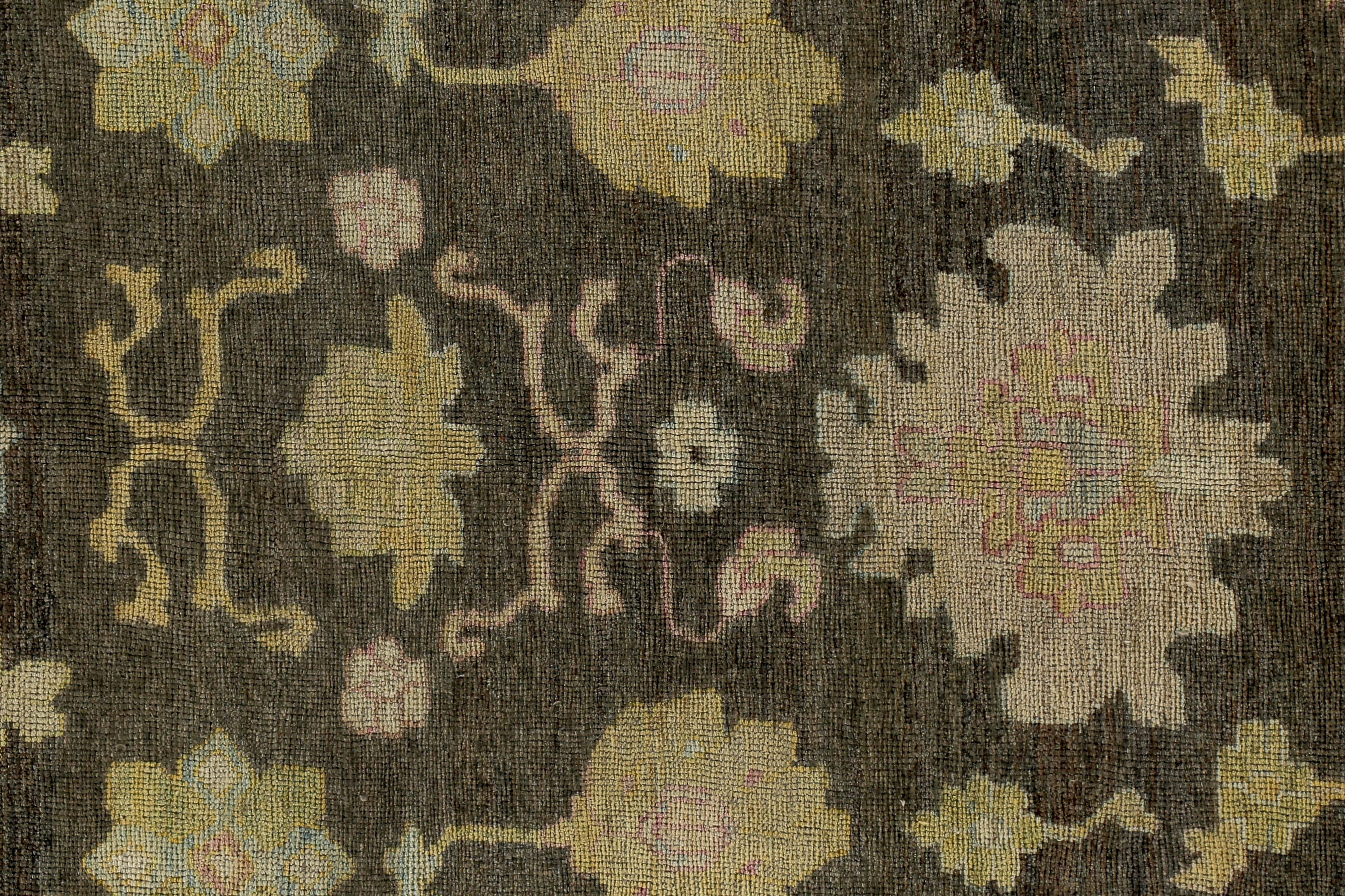 Turkish Oushak Rug with Green and Blue Floral Details on Ivory and Brown Field In New Condition For Sale In Dallas, TX