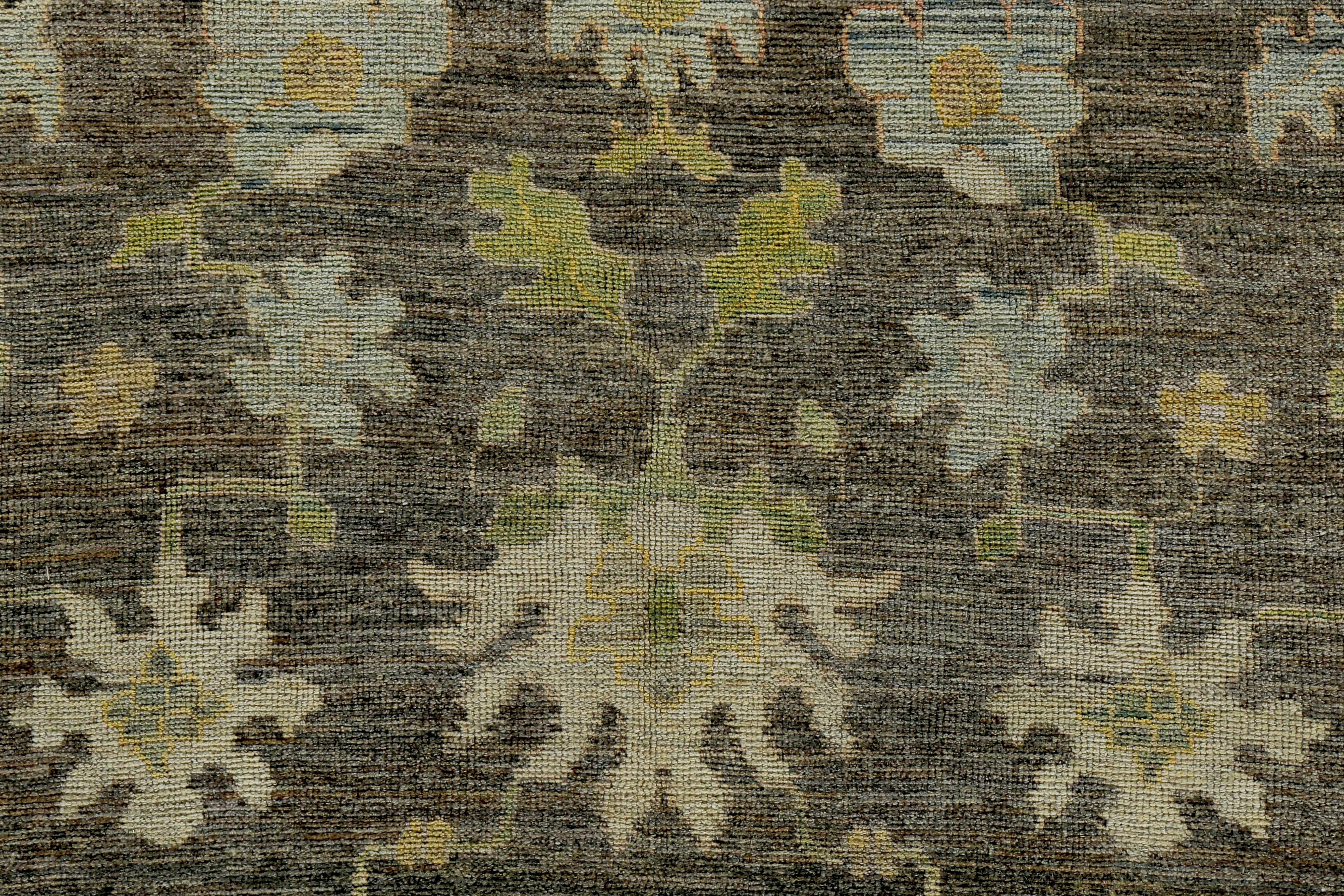 Contemporary Turkish Oushak Rug with Green and Blue Floral Details on Ivory and Brown Field For Sale