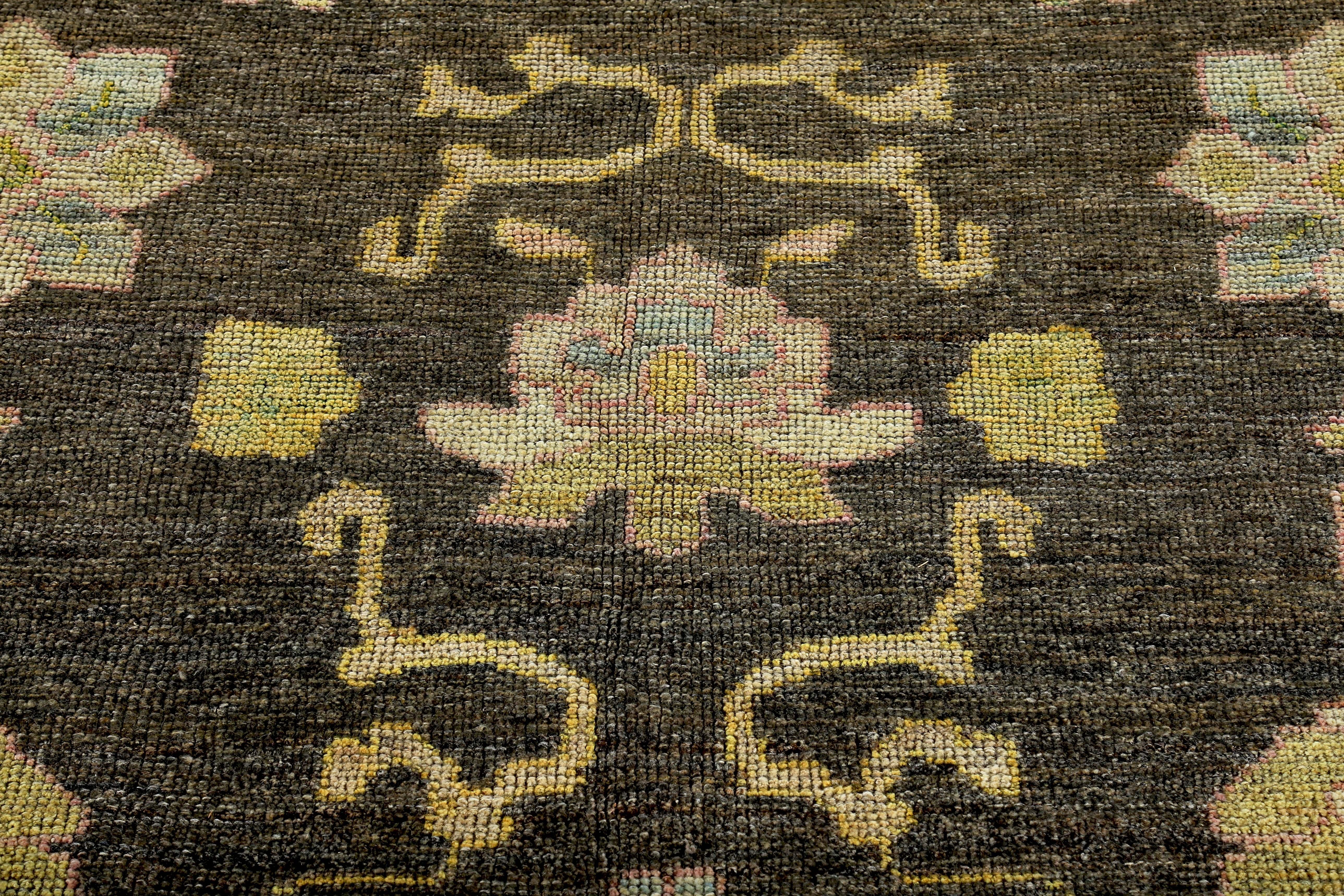 Contemporary Turkish Oushak Rug with Green and Blue Floral Details on Ivory and Brown Field For Sale