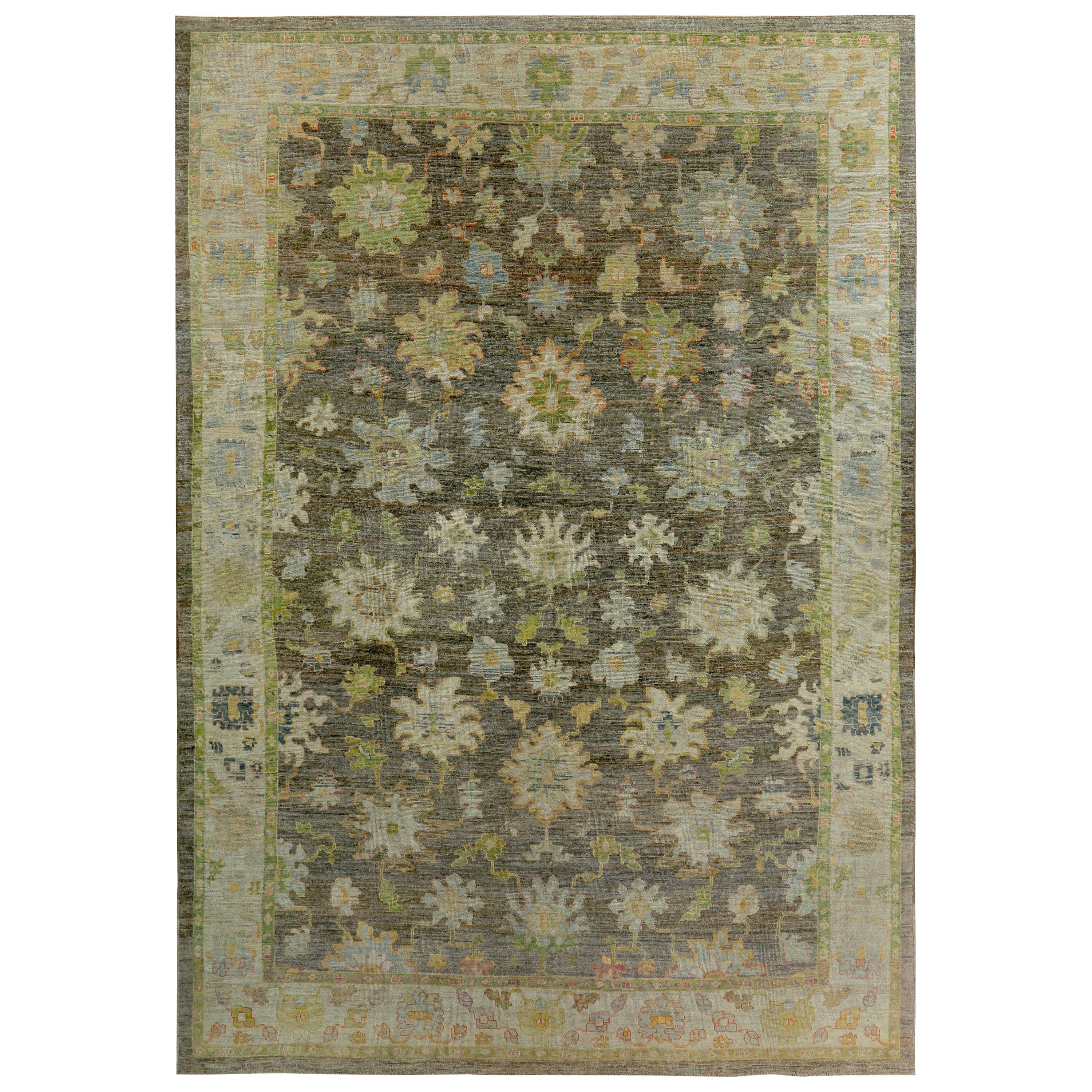 Turkish Oushak Rug with Green and Blue Floral Details on Ivory and Brown Field For Sale