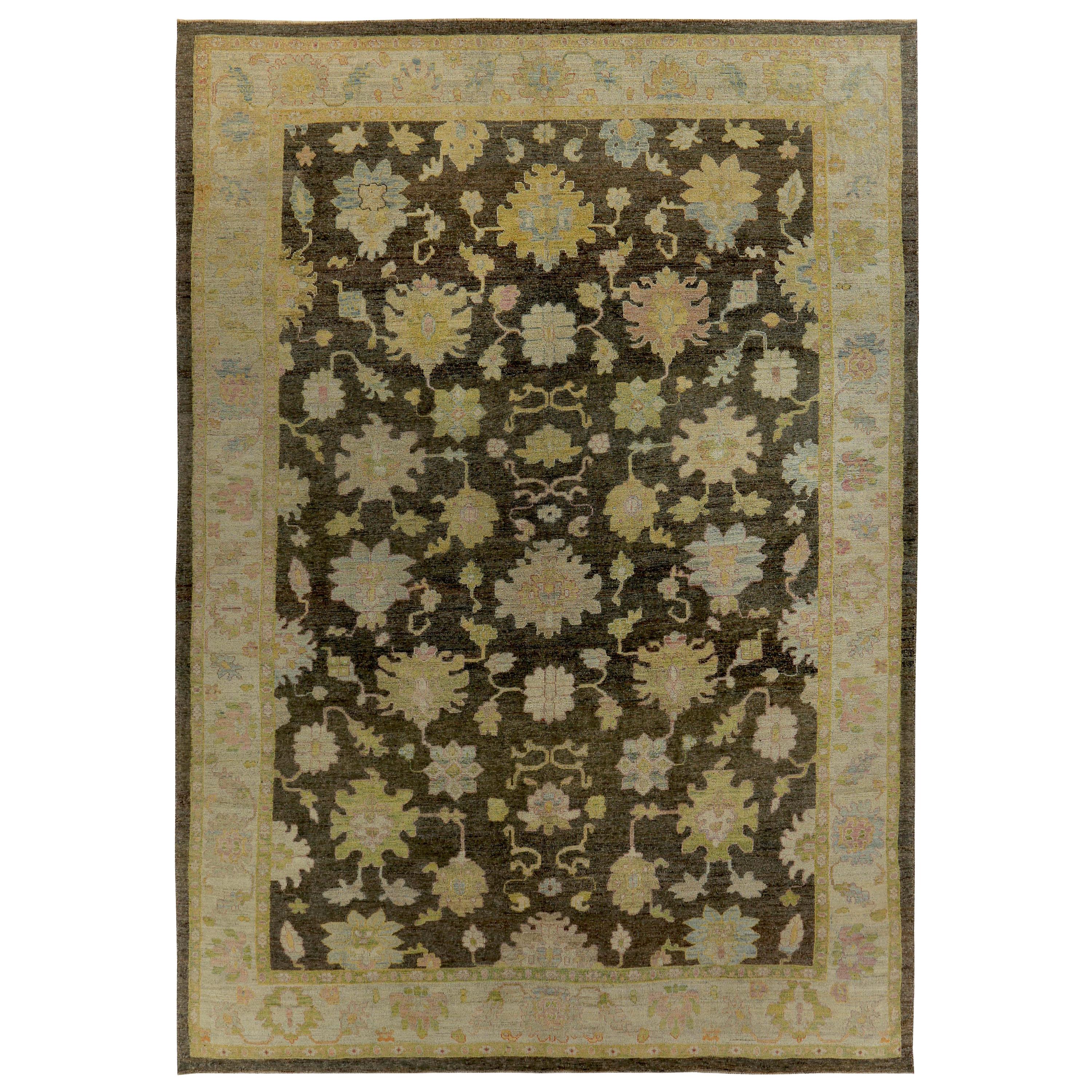 Turkish Oushak Rug with Green and Blue Floral Details on Ivory and Brown Field For Sale