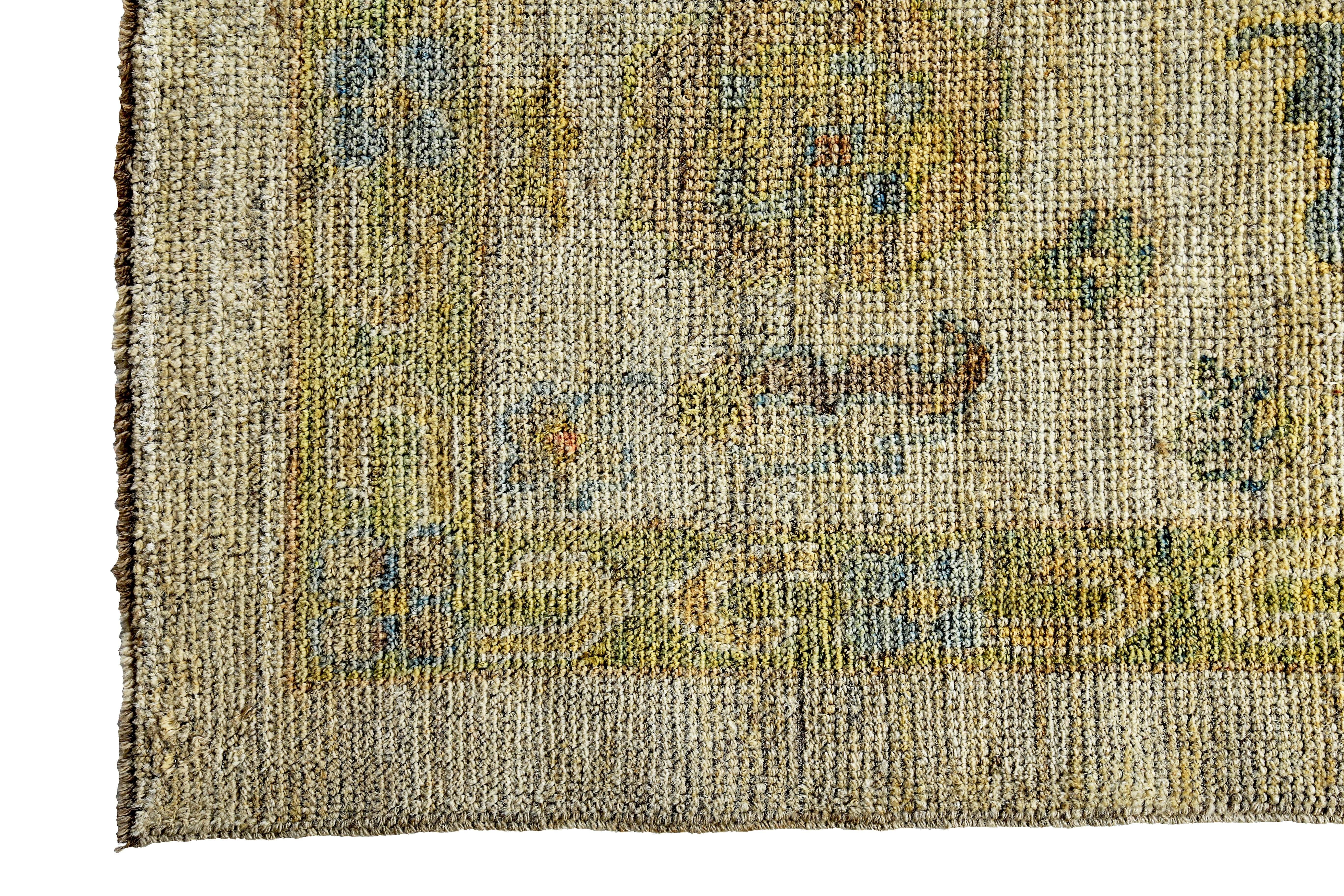 Contemporary Turkish Oushak Rug with Green and Gold Floral Details on Ivory Field For Sale