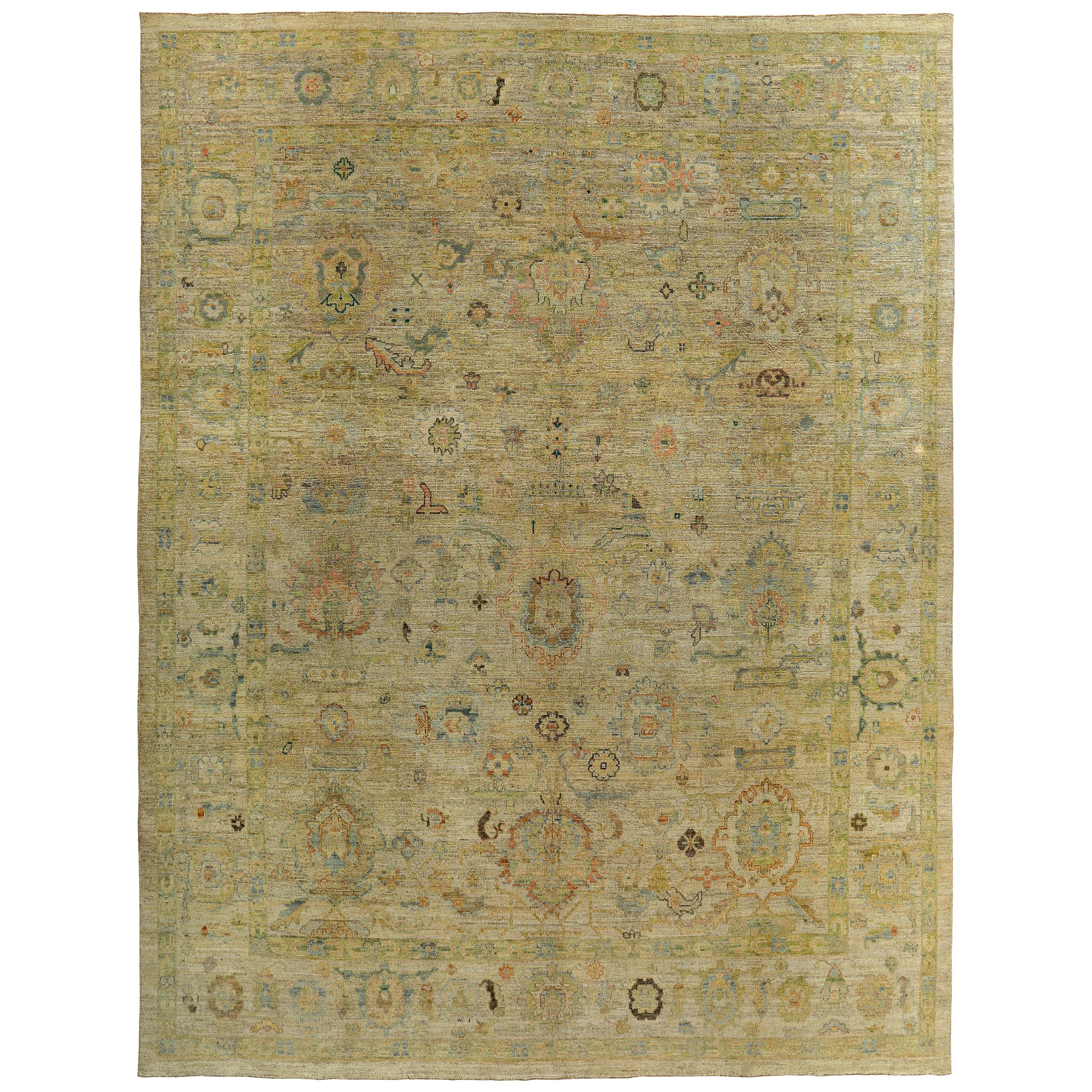 Turkish Oushak Rug with Green and Gold Floral Details on Ivory Field